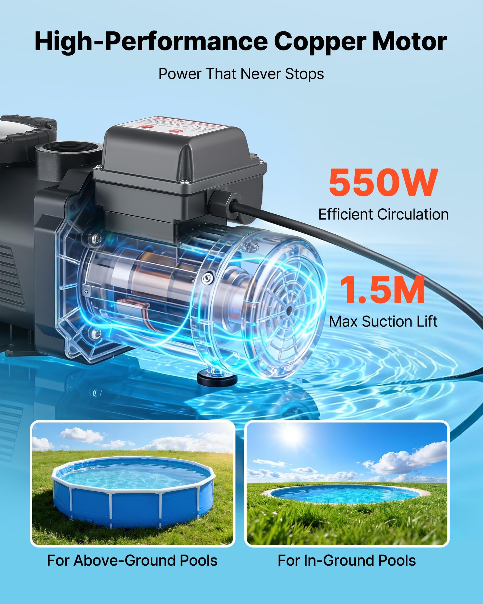 VEVOR Bomba para Piscina 550 W Caudal Máximo de 14000 L/H Bomba de Filtración para Piscina de Una Sola Velocidad, CA 220-240 V, Altura de Elevación Máxima de 12 m, con Temporizador de 24 Horas