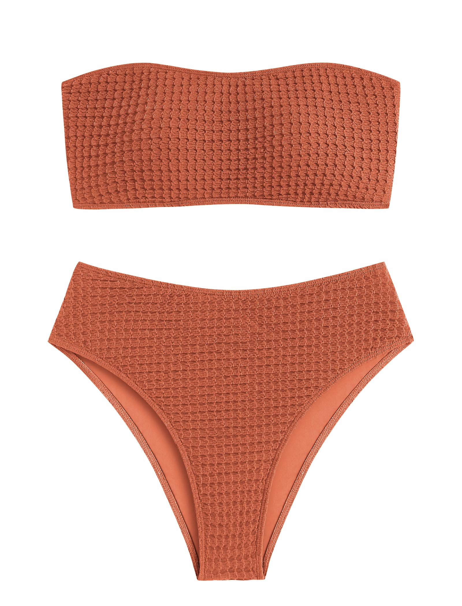 ZAFUL Women's Textured Bandeau Bikini Strapless Solid Color 2 Pieces Bathing Back Lace-up Suit Swimsuit (7-Caramel,S), Small