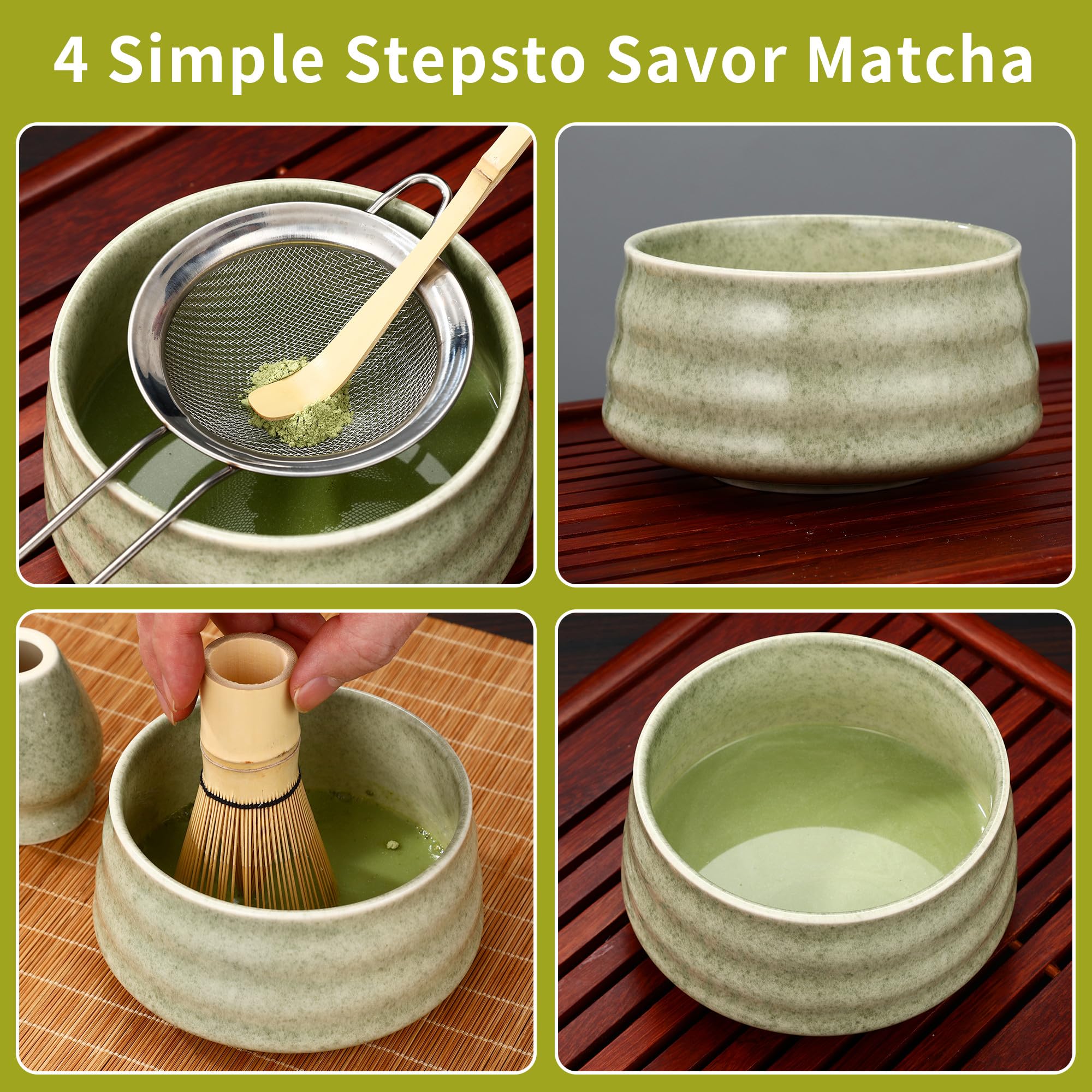 Matcha Kit da 5 pezzi: ciotola per matcha, frullino Baibenli, supporto per frullino, filtro, cucchiaino.Set Matcha adatto ai principianti.
