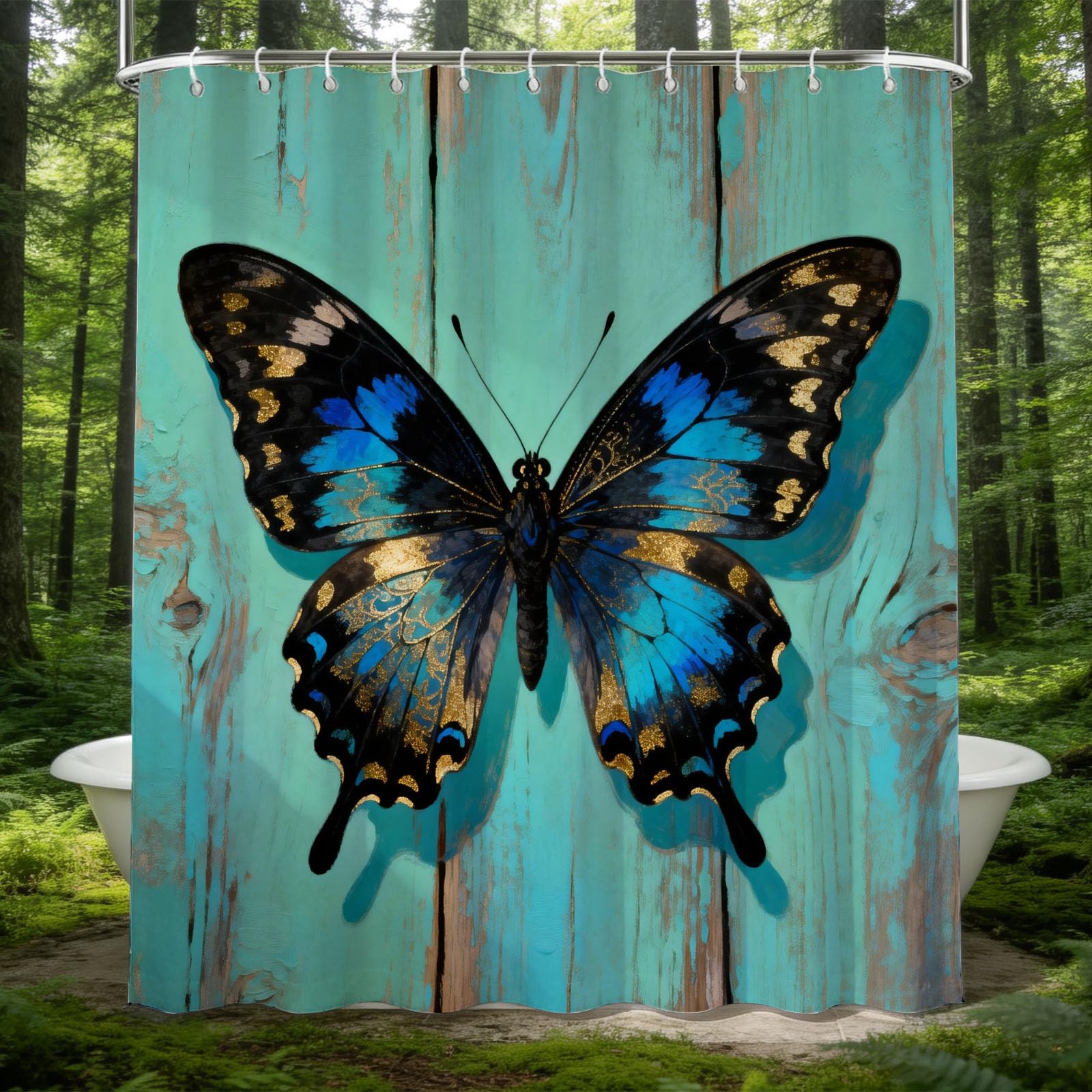 Hongduo 3D Butterfly Shower Curtain for Stalls Bathtubs Rustic Wooden Board Bathroom Decor Shower Curtain Set Polyester Fabric Waterproof 180x180cm/71X71 Inch with Hooks
