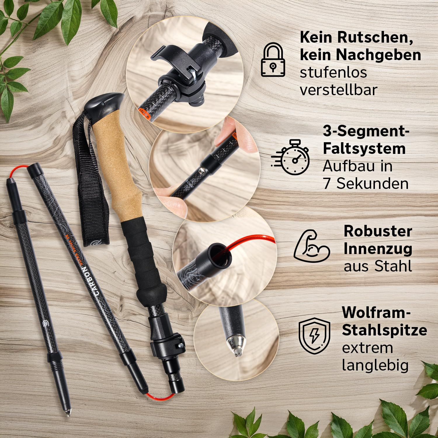Bâtons de randonnée pliables en carbone et aluminium (seulement 240 g/295 g) avec poignée en liège | Bâtons de trekking ultra légers et réglables en continu pour la marche nordique, 115-135 cm/100-120 cm, pour homme et femme