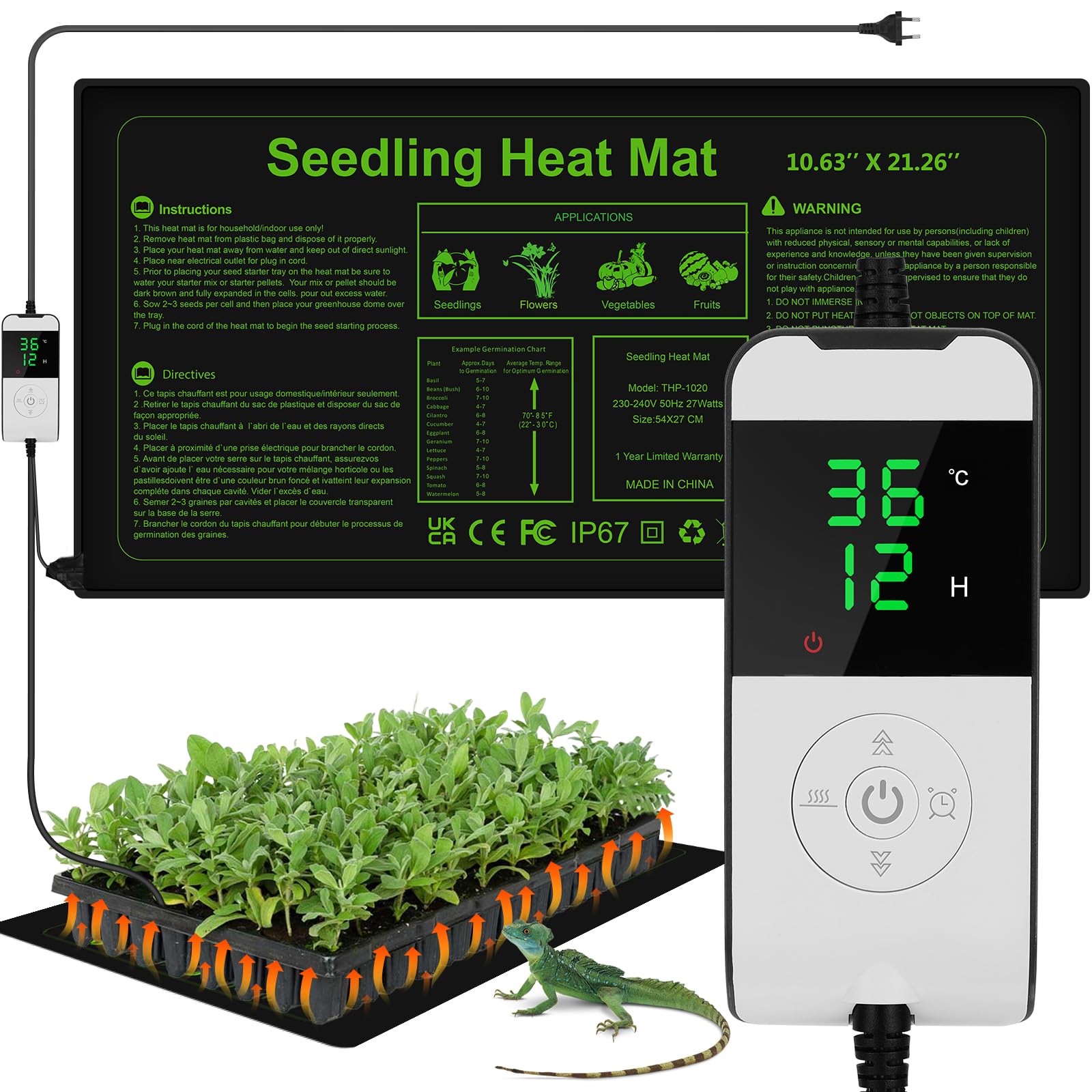 WADEO Tappetino Riscaldante per Piante, [54 x 27cm] [Riscaldamento Continuo 24H] [55W], con Termostato da 5 a 45°C & Funzione di Temporizzazione 0-12H, per Germinazione di Piantine, Funghi, Rettili