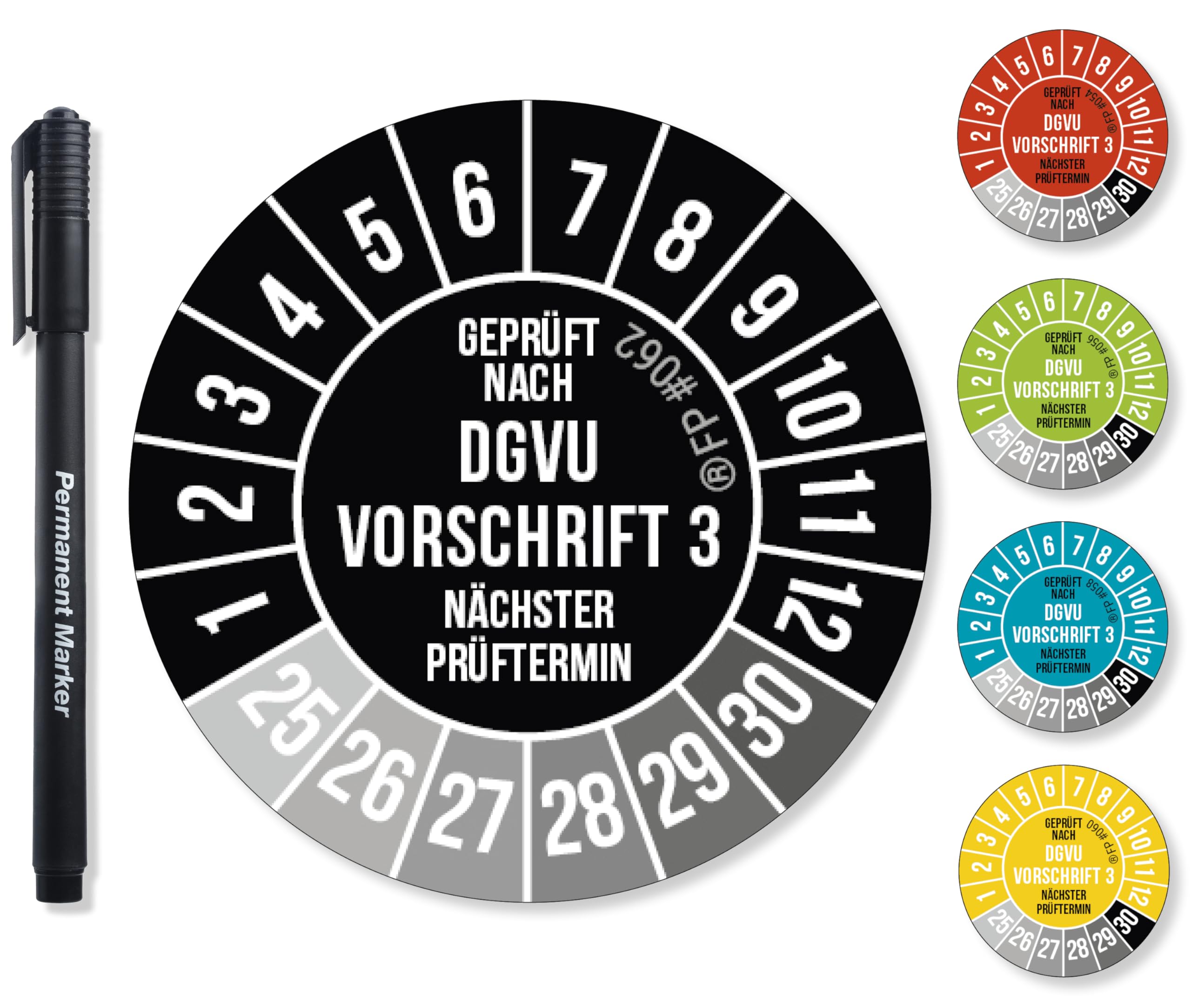 300x DGUV V3 Prüfplaketten 30mm Schwarz/weiß – Mit Folienstift, UV-beständig & Made In Germany