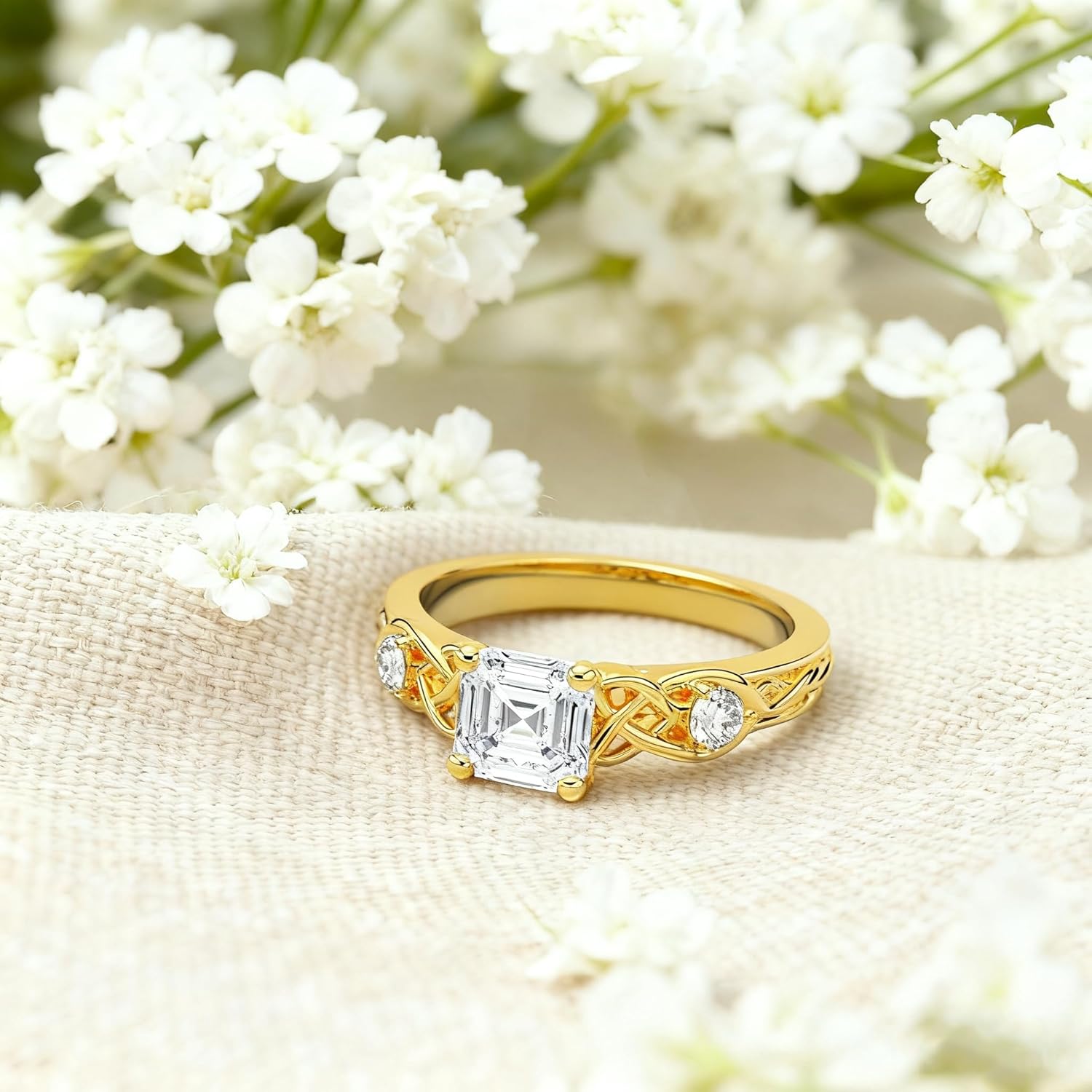 PEIMKO 2.32ct Prong Celtic Knot Carved Vintage Three-stone Moissanite Wedding Ring 925 Silver/10K/14K/18K Gold Moissanite Engagement Ring for Women