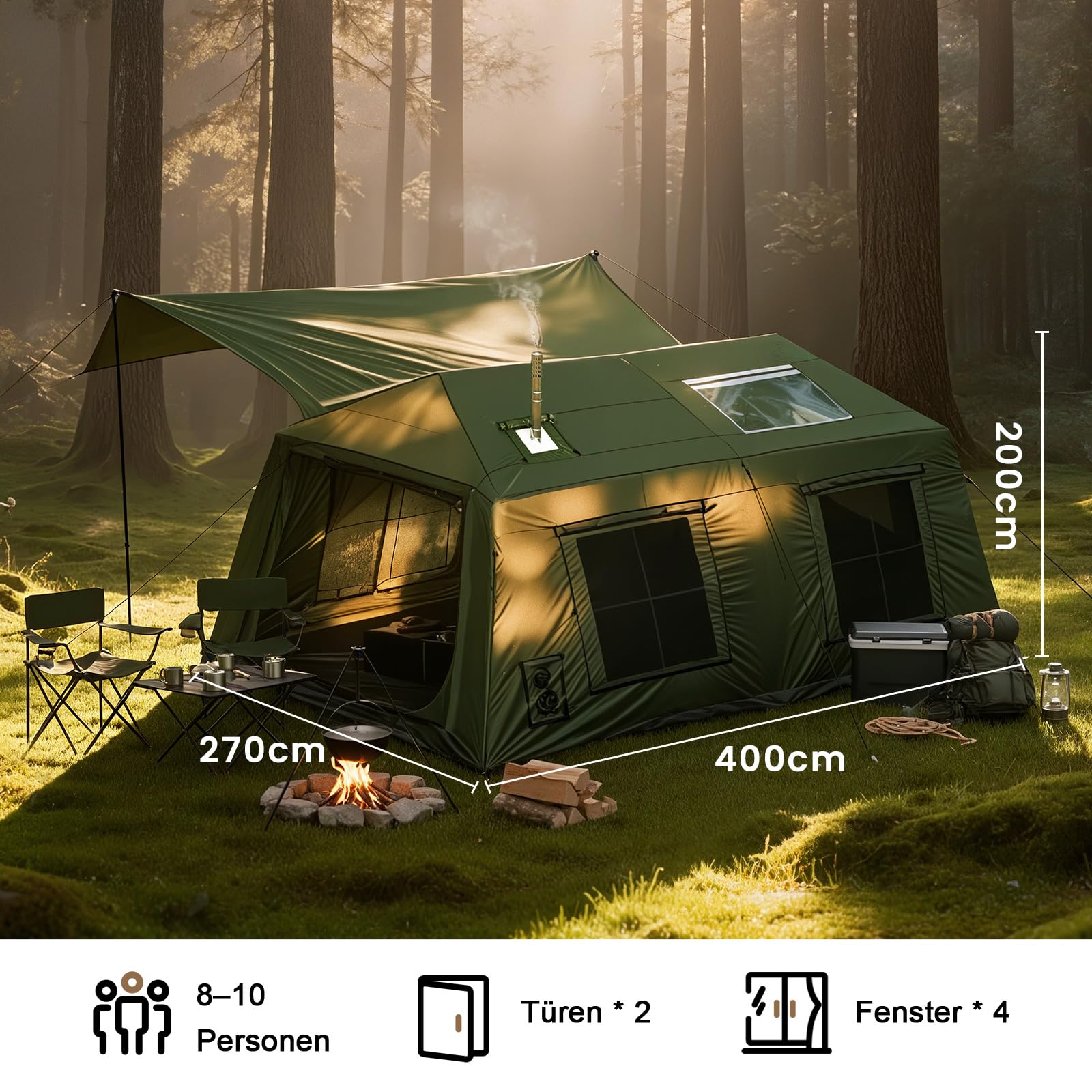 Ytaoeo Aufblasbares Zelt für 8-10 Personen Outdoor Camping Zelt mit Kaminöffnung Vordach Aufblasbares Campingzelt aus Wasserdichtem Oxford-Stoff Air Glamping Zelte