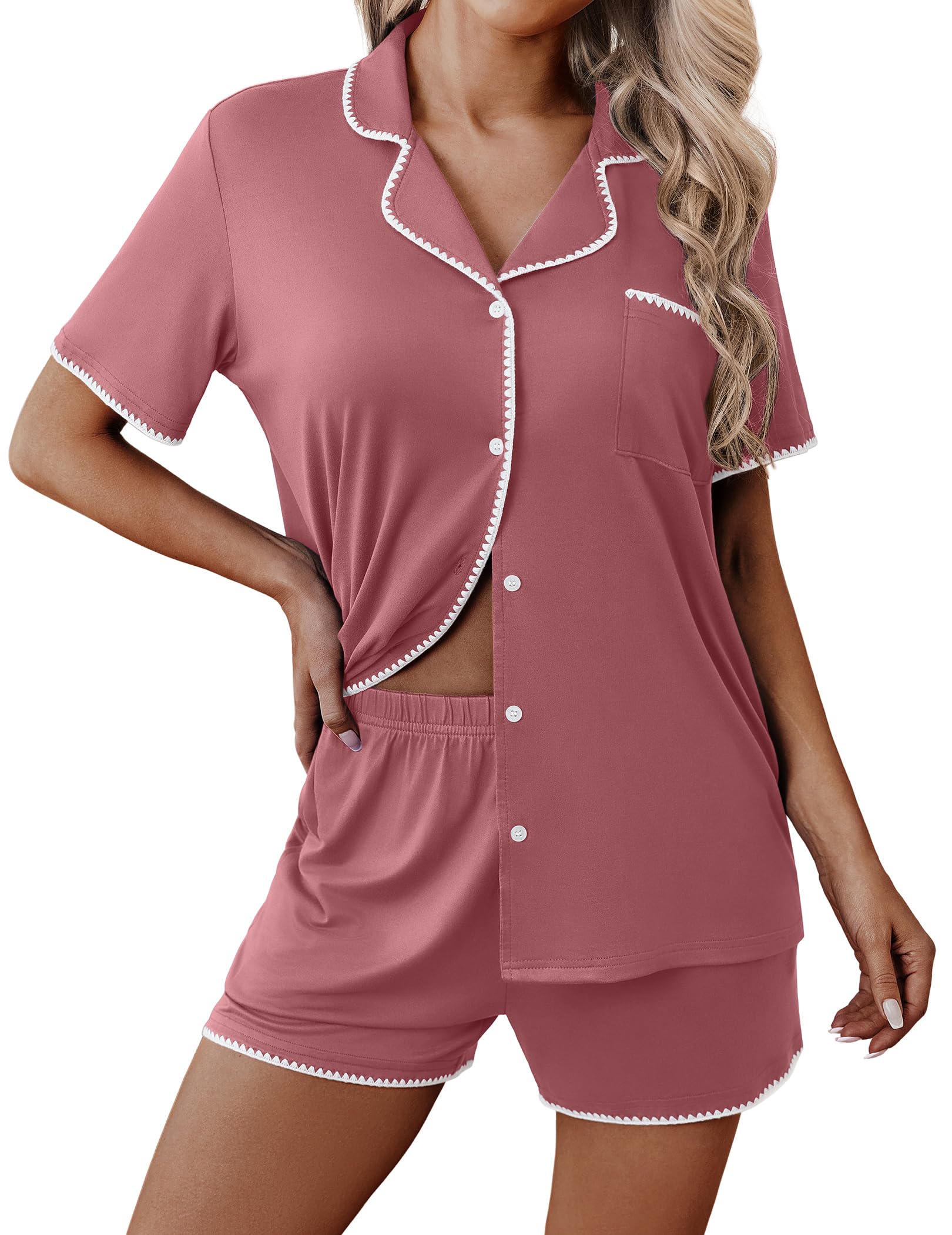 Ekouaer Pajamas for Women Set 2 Piece Soft Button Down Top and Shorts | Short Sleeve PJs with Cute Scalloped Trim, Soft Lightweight Lounge Sets, Ideal for Sleep, Travel &amp; Vacation