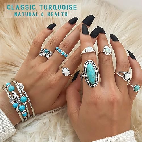 Miniatura 4 de IFKM Bohemian Jewelry Set With Turquoise Necklace, Dangle Earrings, Stackable Bangle Bracelets, Knuckle Rings For Women Vintage Western Boho
