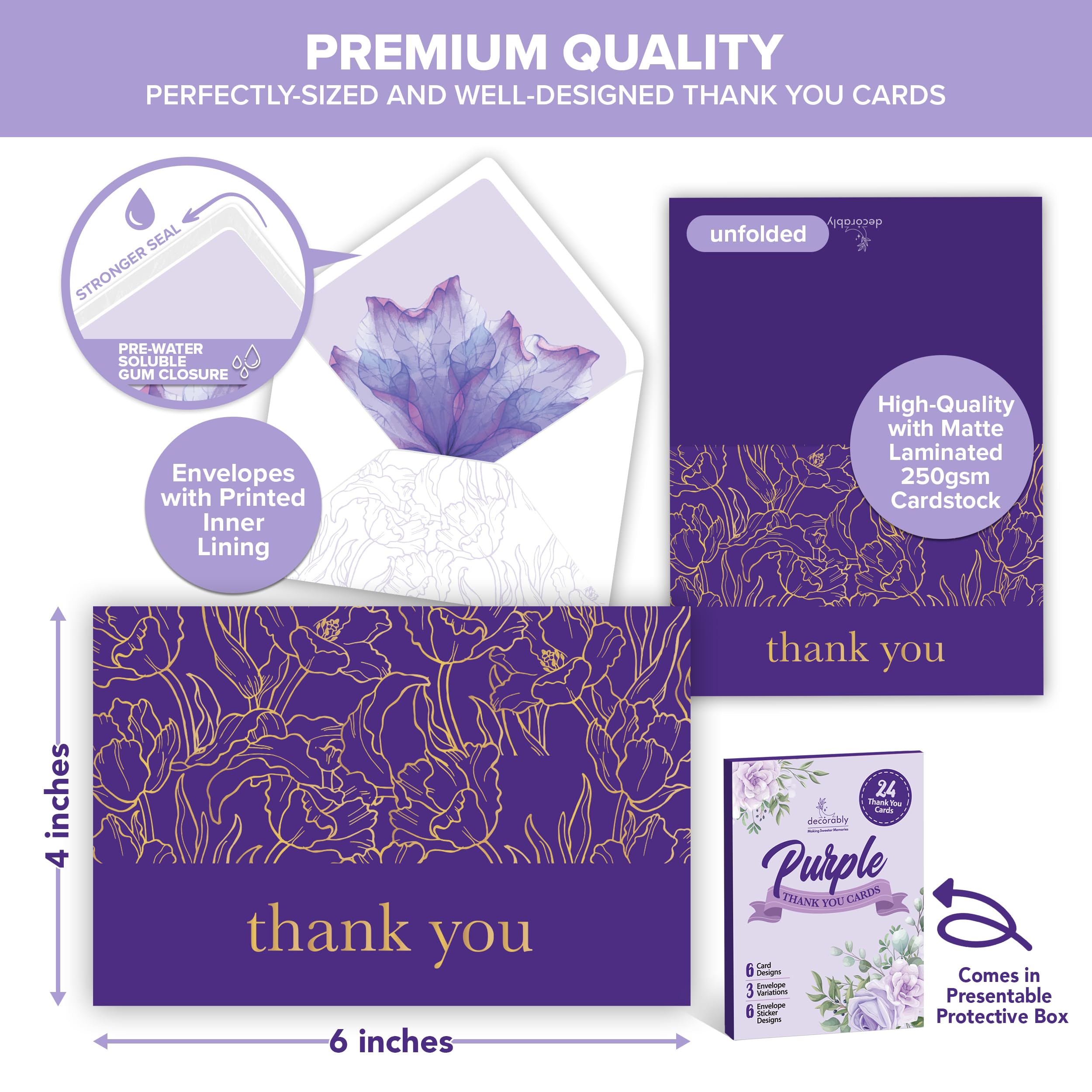 Decorably 24 Pack 6x4in Purple Thank You Cards with Envelopes and Stickers, 6 Elegant Designs Thank You Cards Purple - Image 3