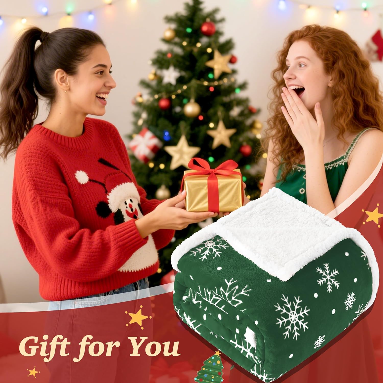 Touchat Christmas Throw Blanket, Sherpa Christmas Blankets, Fuzzy Fluffy Soft Cozy Blanket, Fleece Flannel Plush Microfiber Blanket for Couch Bed Sofa (60" X 80",Green Snowflake) - Image 5