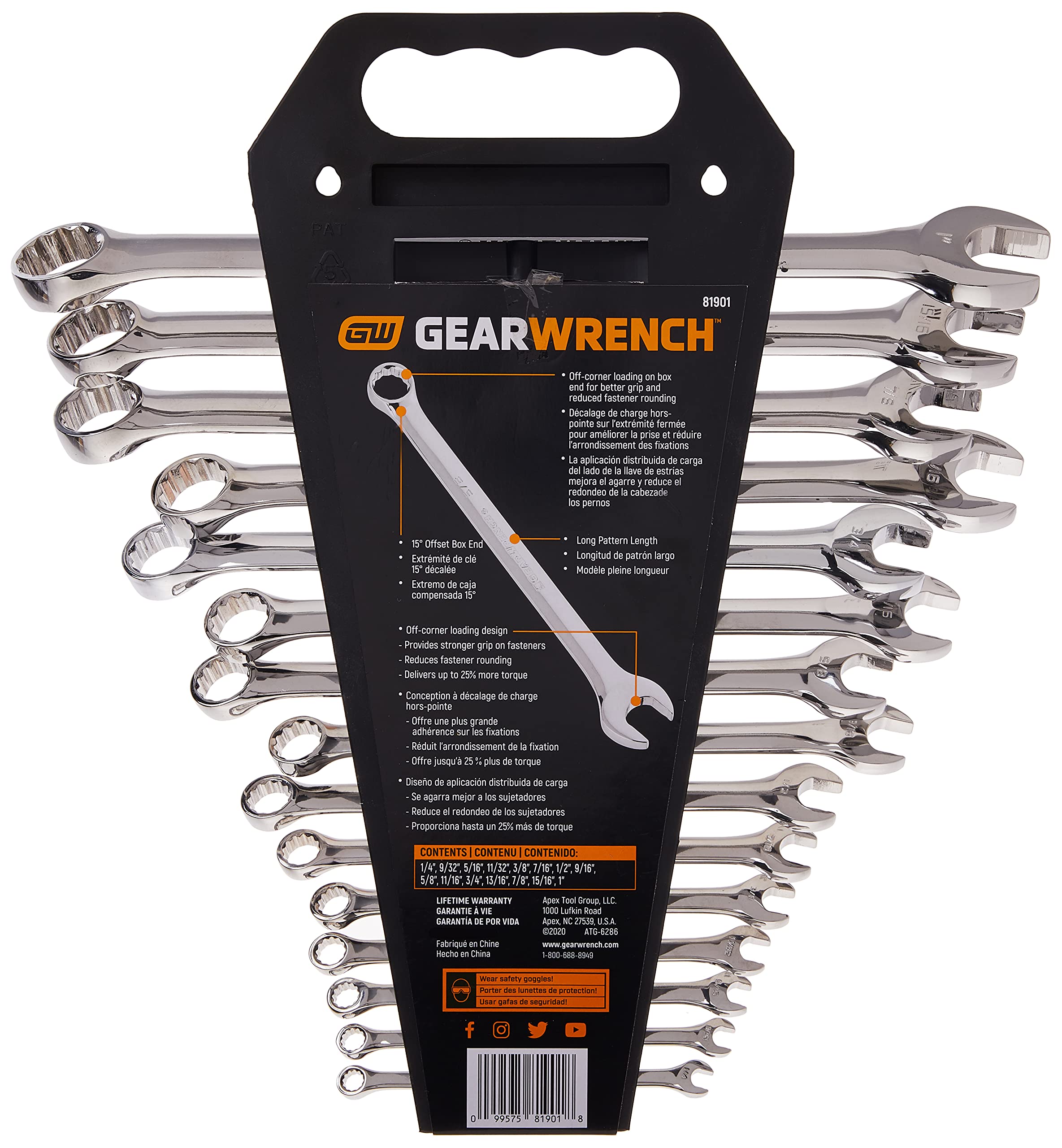 GEARWRENCH 15 szt. 12 szt. Zestaw kluczy kombinowanych z długim wzorem, SAE - 81901