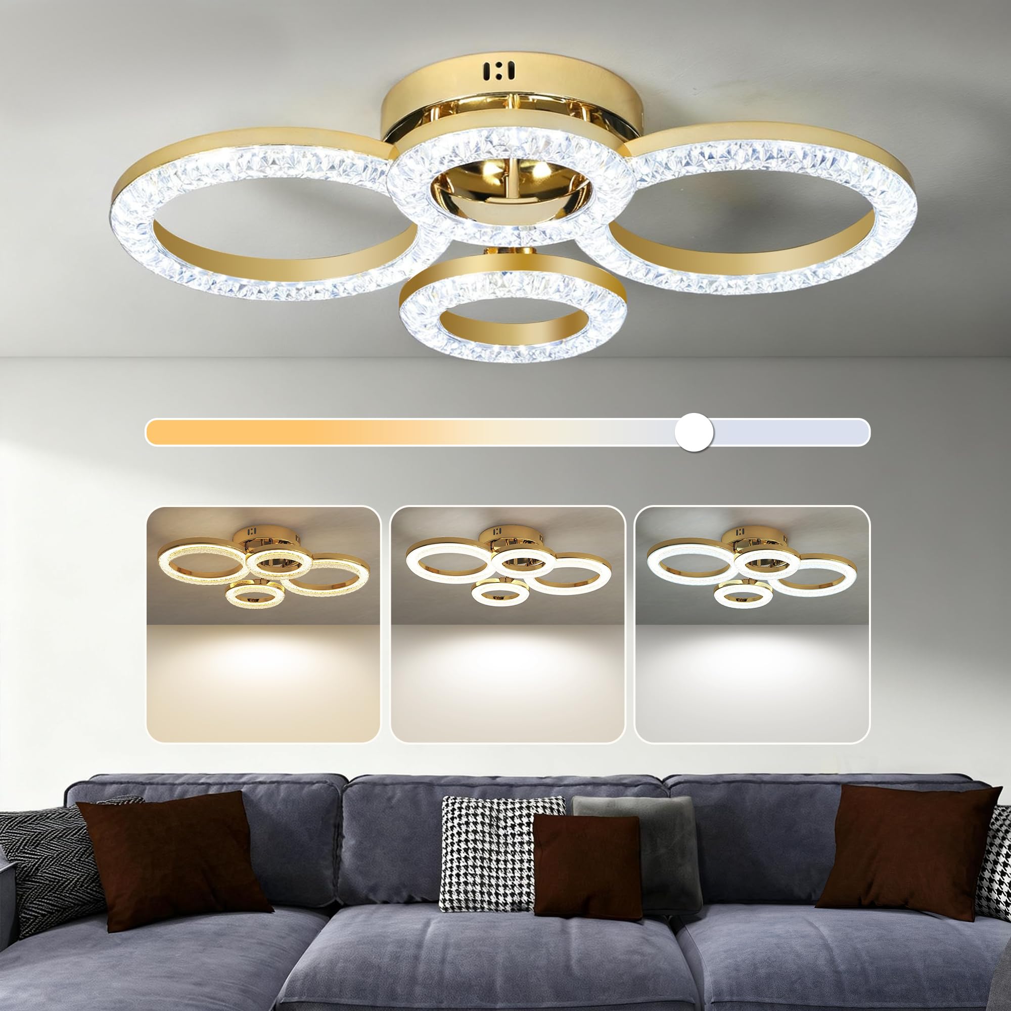 HOMCOM LED Ceiling Light, Modern Dimmable 4 Rings Ceiling Lamp with Wall Switch, 40W 4350lm Flush Mount Ceiling Light with 3500K/4500K/6000K Colour Temperatures for Living Room, Bedroom, Gold Tone