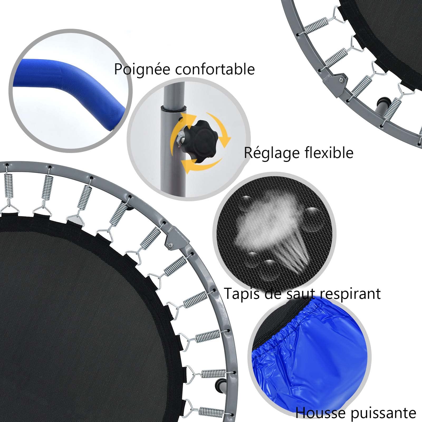 GYMAX Trampoline de Fitness Pliable avec Poignée Réglable à 4 Niveaux, Ressorts en Acier Renforcés, Couverture Rembourrée, Sac de Transport, pour Adultes/Enfants