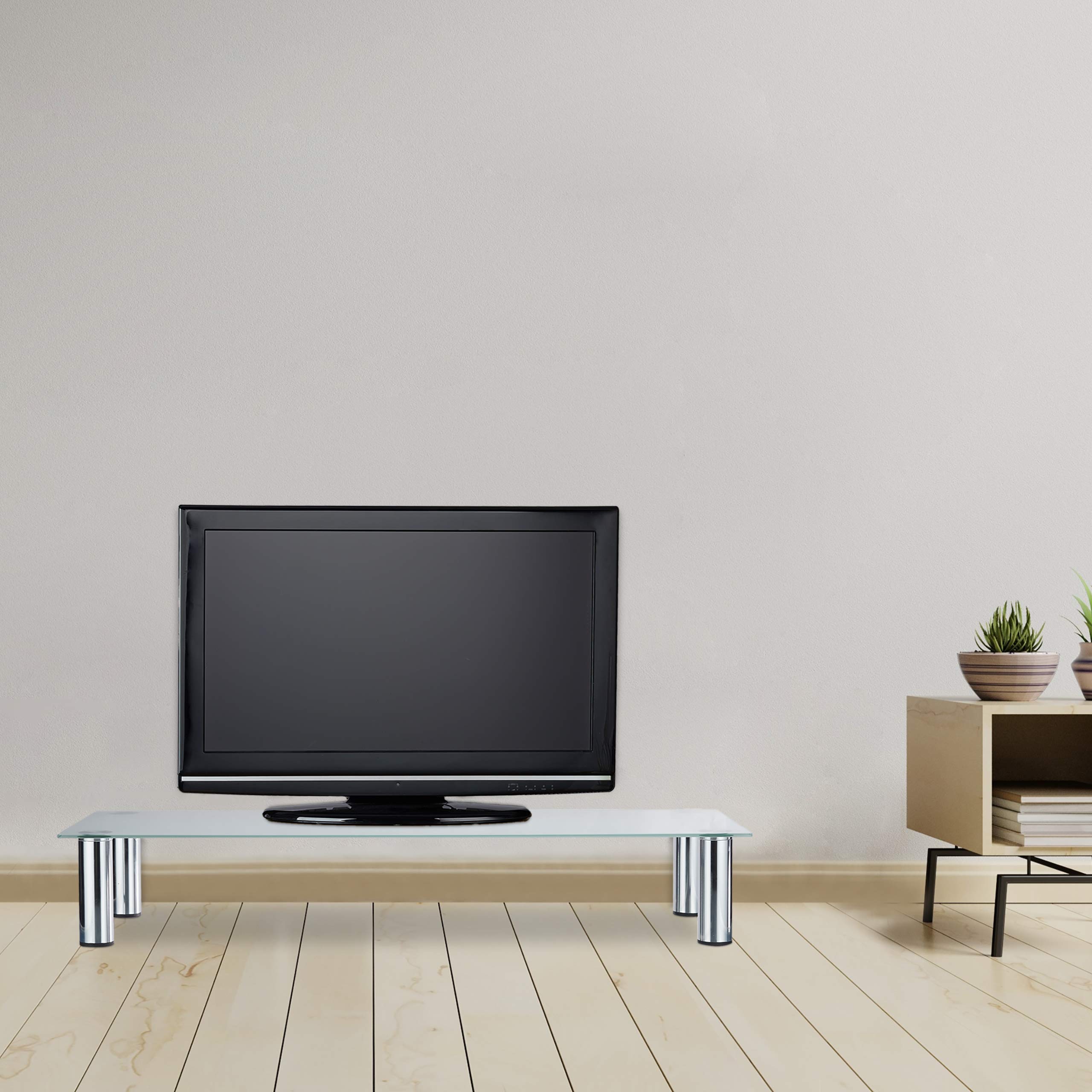 Relaxdays Tavolino TV Vetro, Gambe Metallo Cromato, Mobile Porta Televisione, Rettangolare, Ripiano, 100x35x17 cm, Bianco/Argento