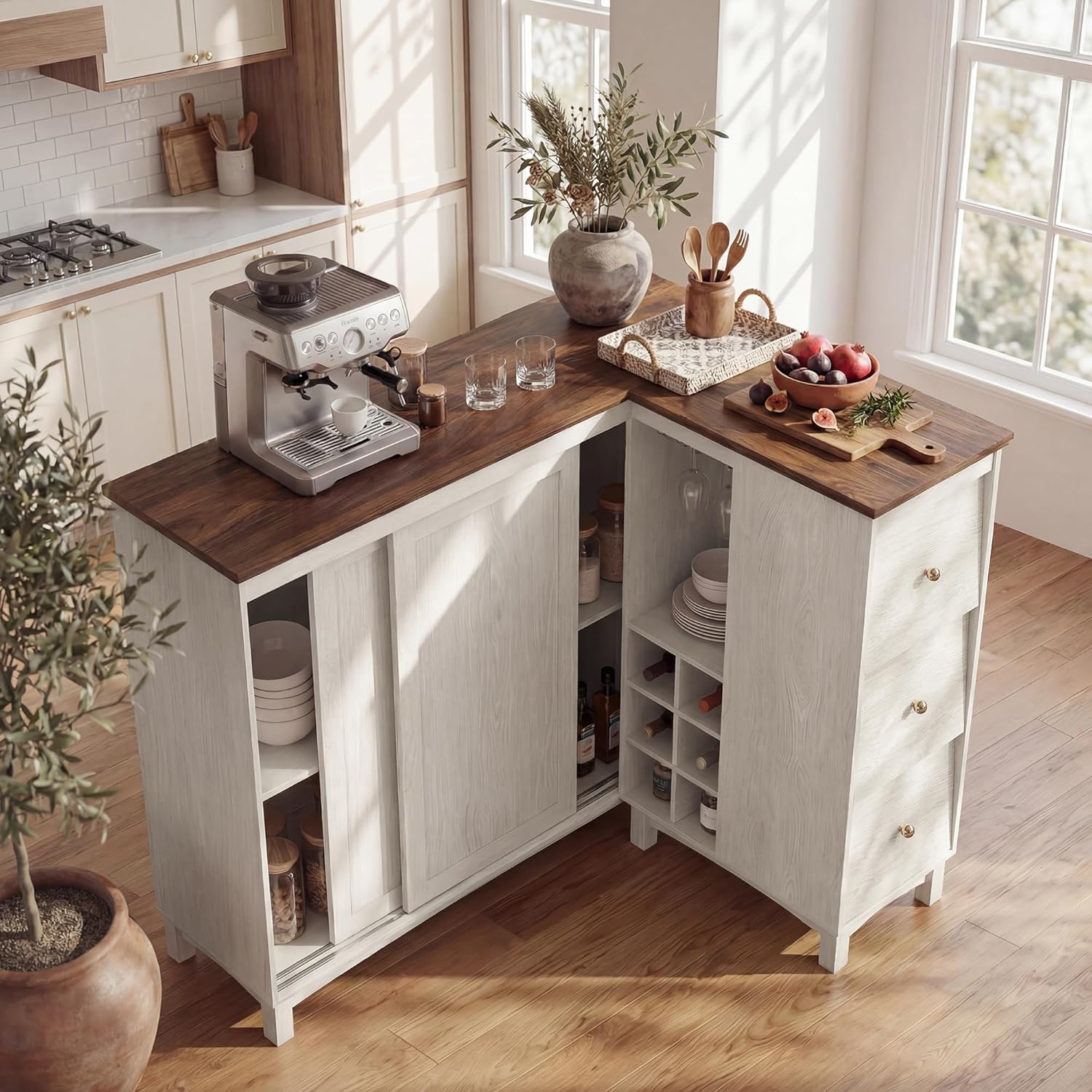 STO'SENSE L-Shaped Bar Cabinet with Charging Station,Corner Home Bar Unit with Storage Cabinet and 3 Drawers,Large Bar Table with Wine Rack,Glass Rack,Sliding Door for Living Room,Dining Room (White)