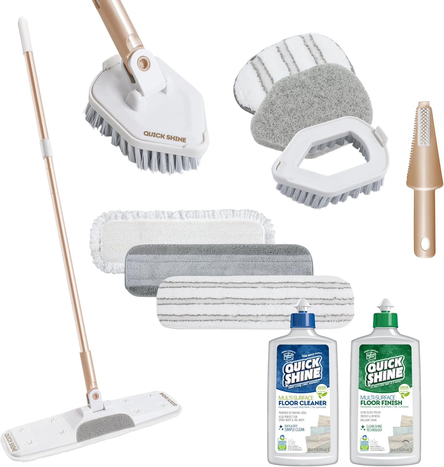 Quick Shine Ultimate Gold Clean + Polish Mop Kit | All-in-One 11 Pc Kit w/Interchangeable Attachments | Cleaner & Polish Included | No Batteries Needed | All Floors Pro Cleaning System | 2-in-1 Mop 11 Pc. Kit