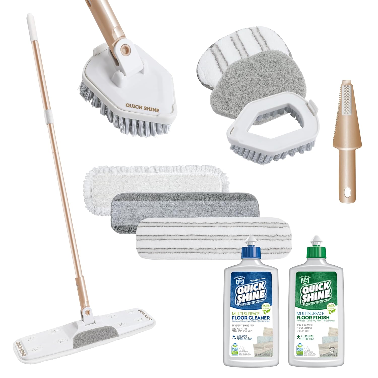 Quick Shine Ultimate Gold Clean Polish Mop Kit All-in-One 11 Pc Kit w Interchangeable Attachments Cleaner Polish Included