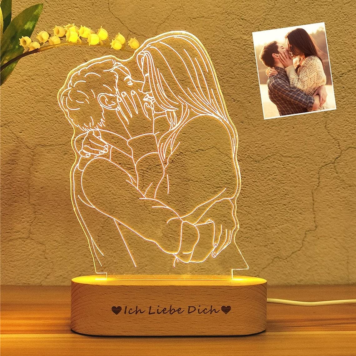 Lámpara Personalizada 3d con Foto Grabada Fotos Personalizadas Texto Nombre Luz Nocturna Aniversario Bodas Regalos Cumpleaños Base Madera Regalo Cumpleaños