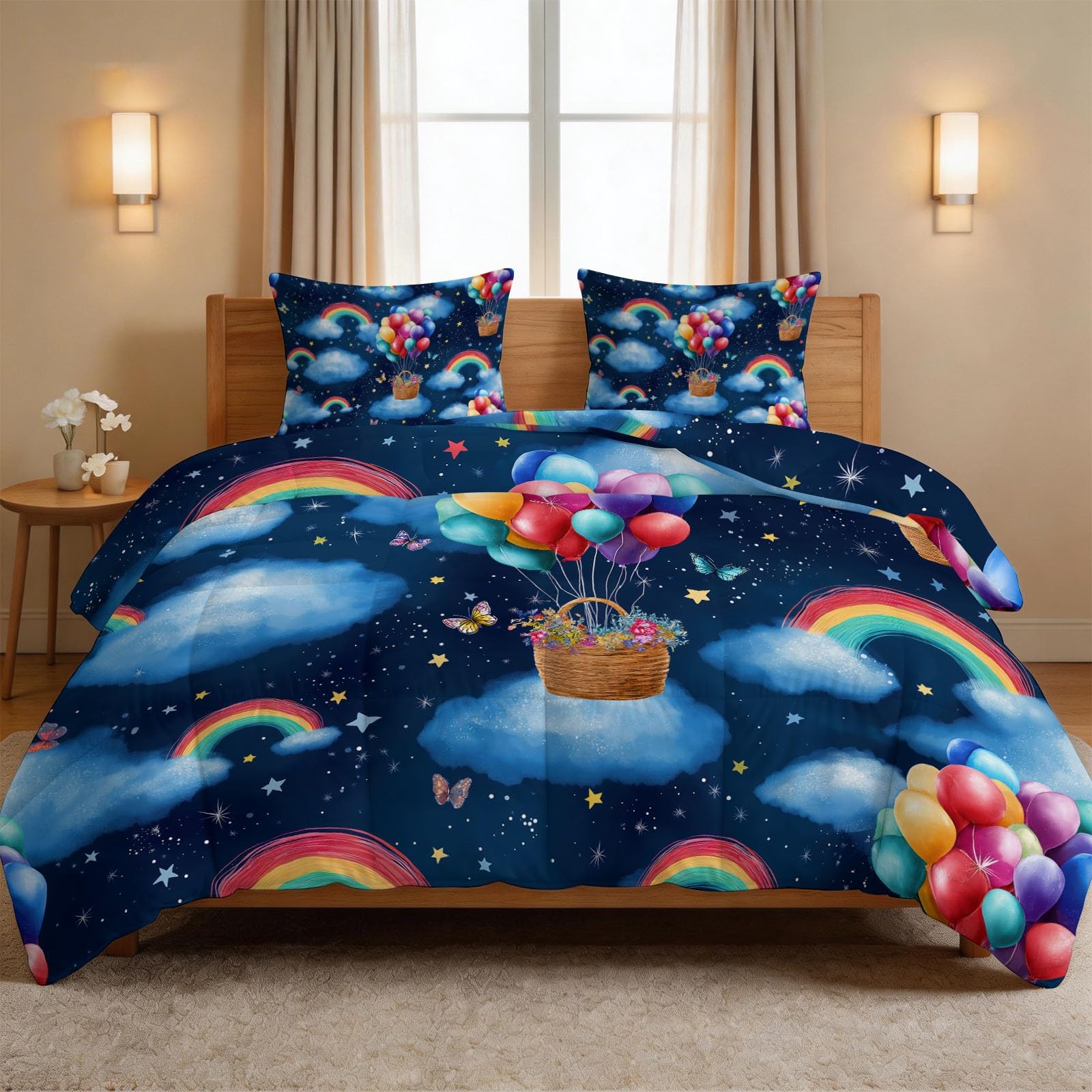 Piumino 135 x 200 cm, 4 stagioni, motivo nuvola arcobaleno, caldo, delicato sulla pelle, per tutto l'anno, 135 x 200 cm, con cartoni animati, senza rivestimento, lavabile, con 2 federe da 80 x 80 cm