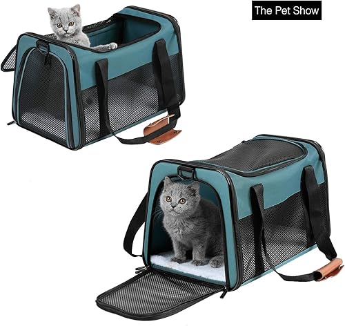 Vista 3 de X-zone Pet - Transportador de mascotas aprobado por aerolíneas, suave cara, plegable, transportador de viaje para mascotas y gatos medianos, M, Azul