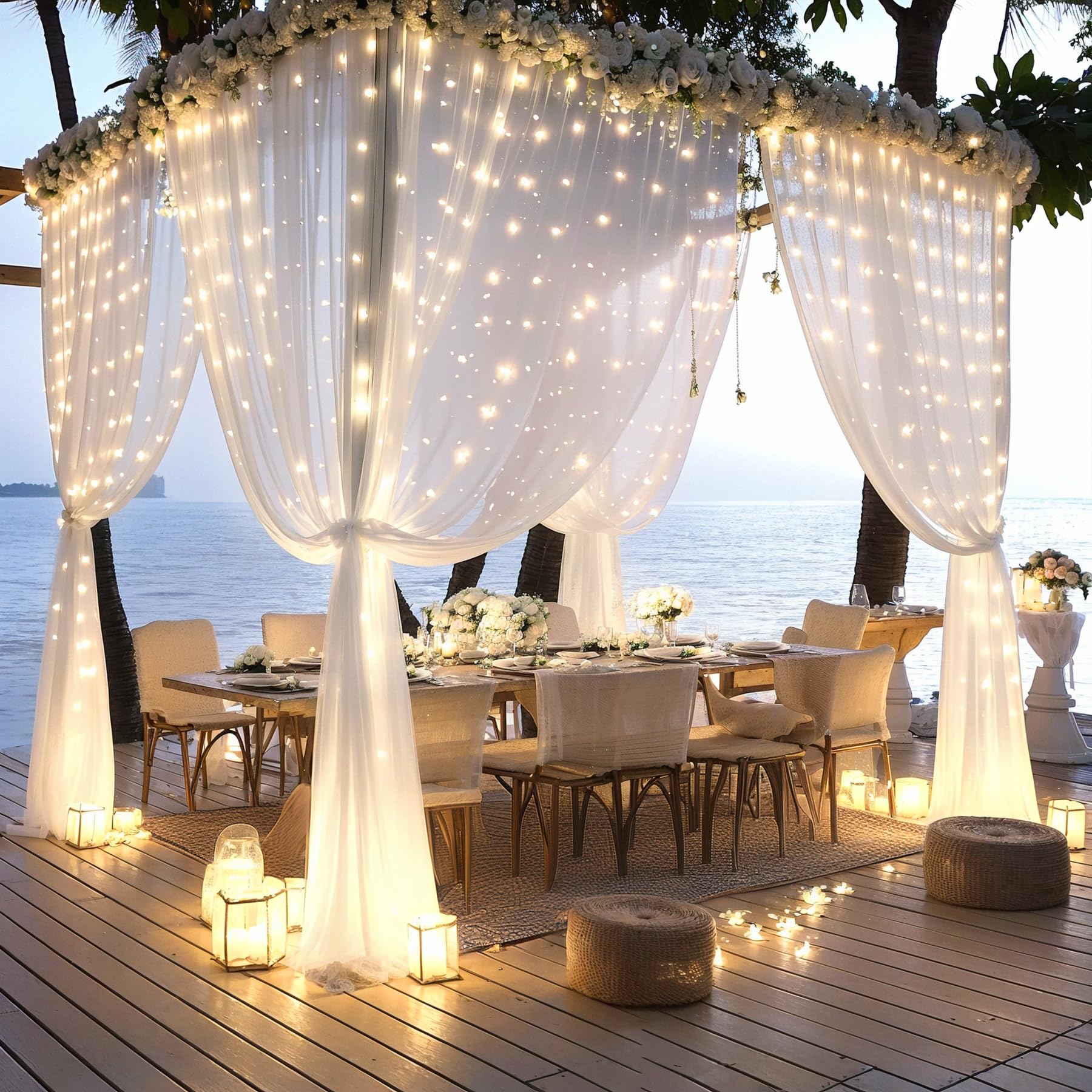 Rideau de fond en tulle blanc avec guirlande lumineuse, 3,05 x 3,05 m pour mariages, baby showers, fêtes d'anniversaire, toile de fond transparente infroissable, facile à installer, décorations