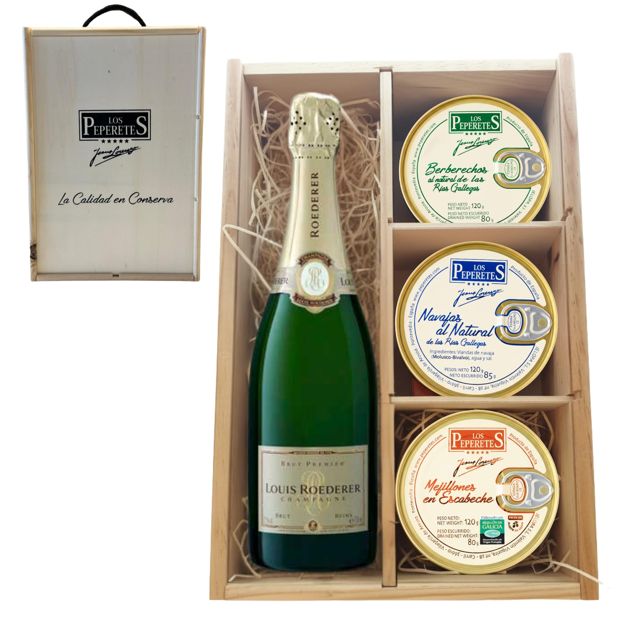 LOS PEPERETES Pack Gourmet Marisco Gallego con Champagne Roederer | Berberechos ×2 · Navajas ×2 · Mejillones Escabeche ×2 | Selección Delicatessen Premium