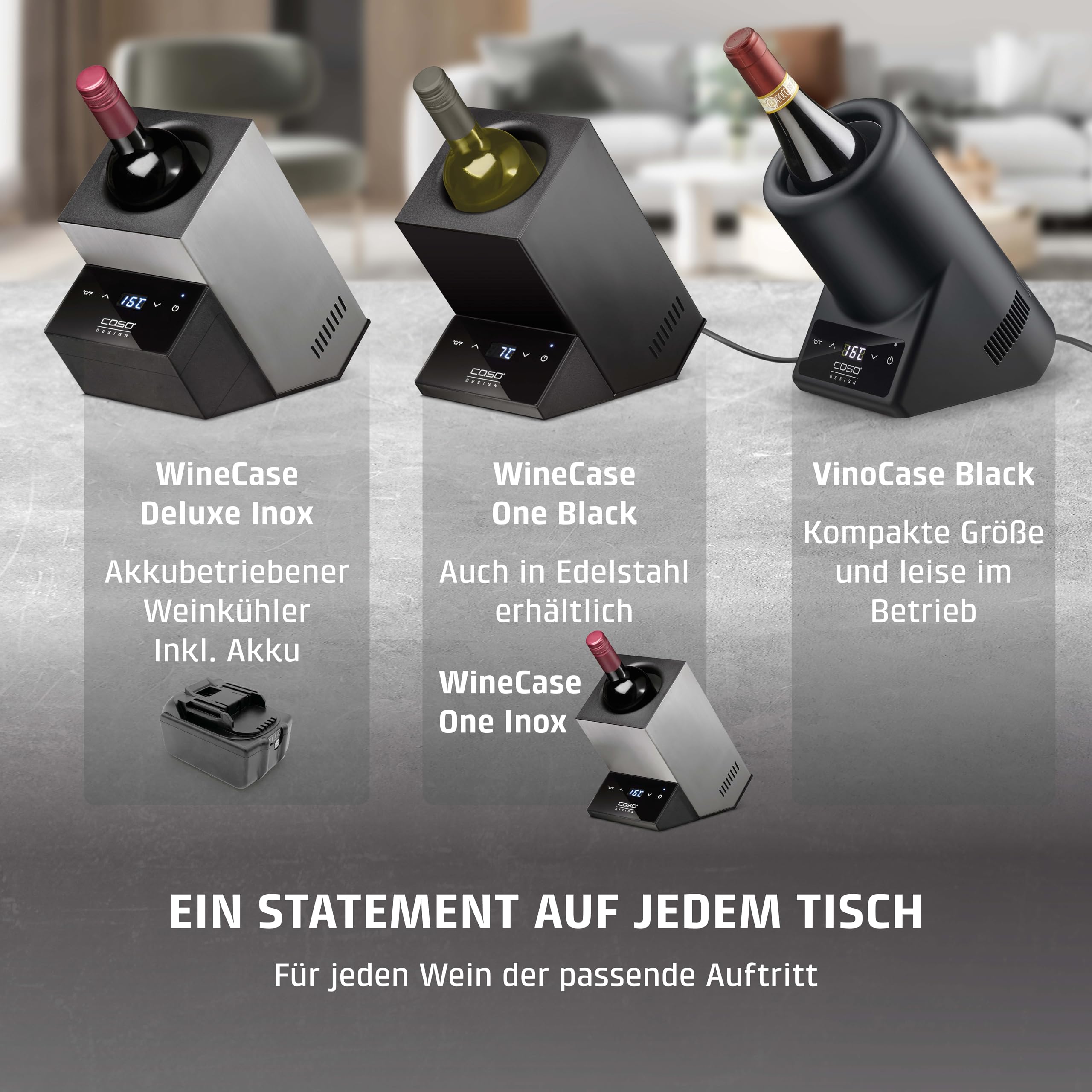 CASO VinoCase Black - Weinkühler für eine Flasche Wein, Champagner, Sekt, etc. / Temperatur 5-18°C/für Flaschen bis 9 cm Ø/Getränkekühler/Leise im Betrieb