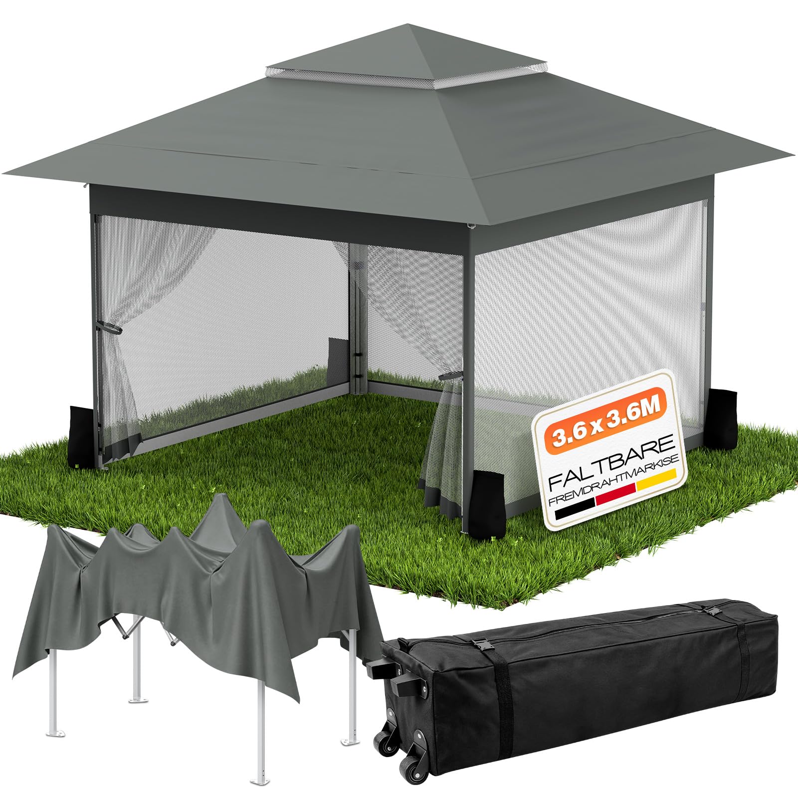 Huracan Pabellón de jardín Plegable 3,6 x 3,6m, Carpa Impermeable, Gazebo con 4 mosquiteras Laterales y Sacos de Arena, Regulable en Altura, Carpa de jardín con Techo Doble, Antracita