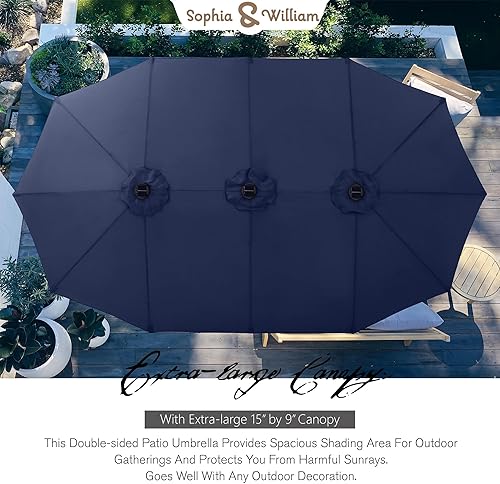 Miniatura 3 de Sophia & William Sombrilla de patio extragrande de 15 pies con luces solares, sombrilla rectangular para exteriores con base incluida, sombrilla de