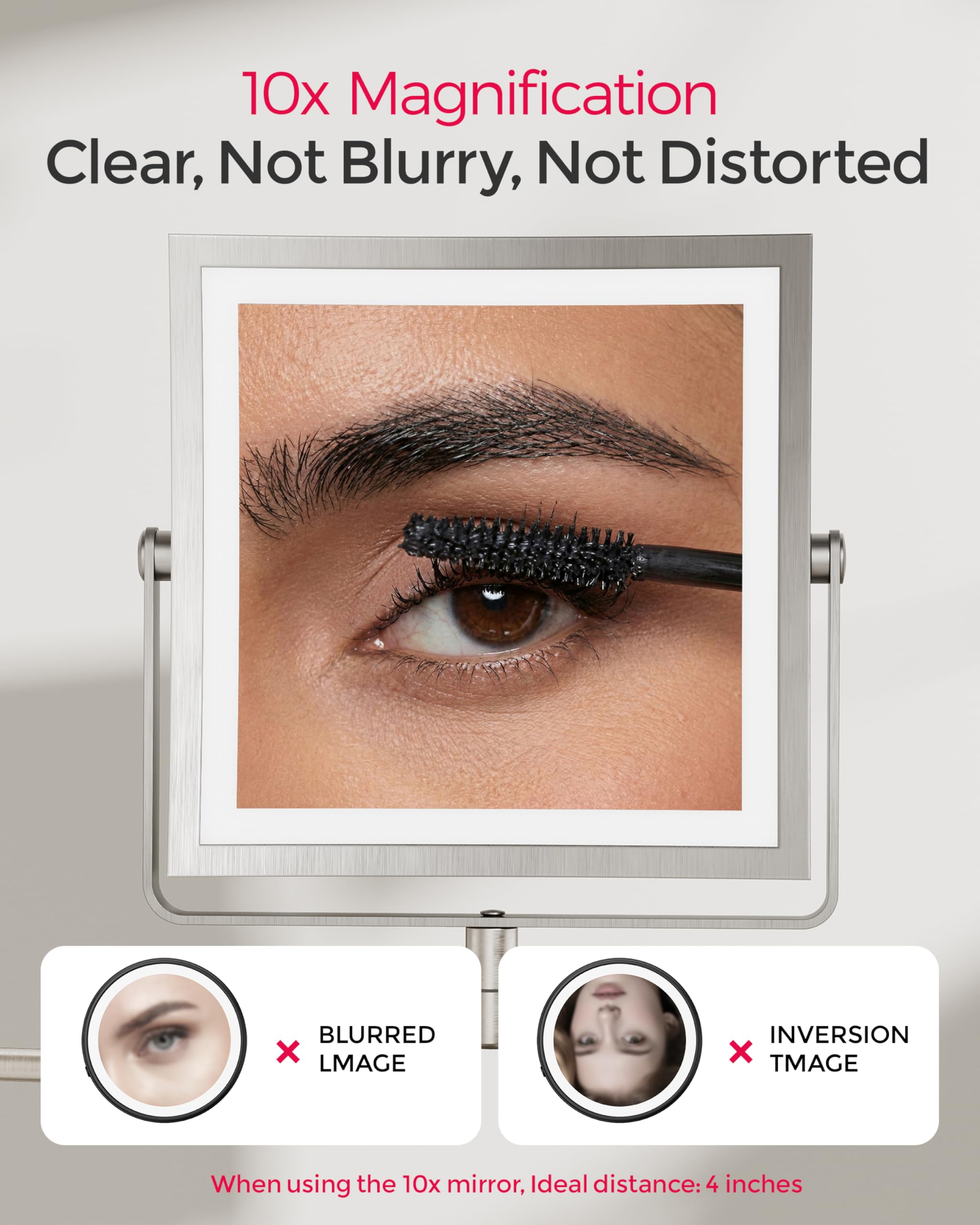 Espejo de maquillaje recargable montado en la pared con luces, 4000 mAh, doble cara, 1X/10X, espejo de tocador con 3 luces de color, regulable al tacto, brazo plegable de extensión de 360°