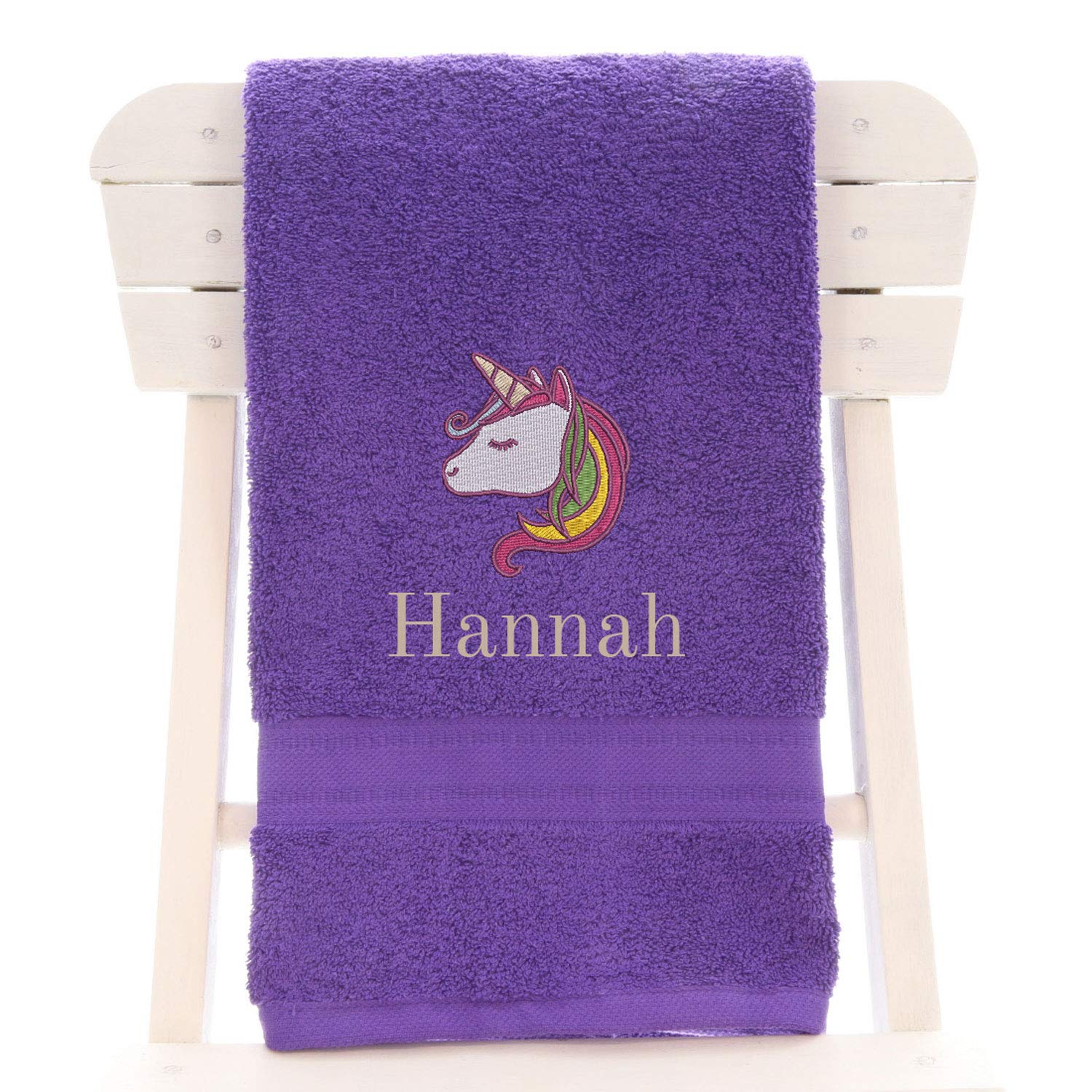 aztex Personalised Children's 100% Cotton Bath Towel with Unicorn Logo & Name, 550gsm, 70cm x 130cm - Purple