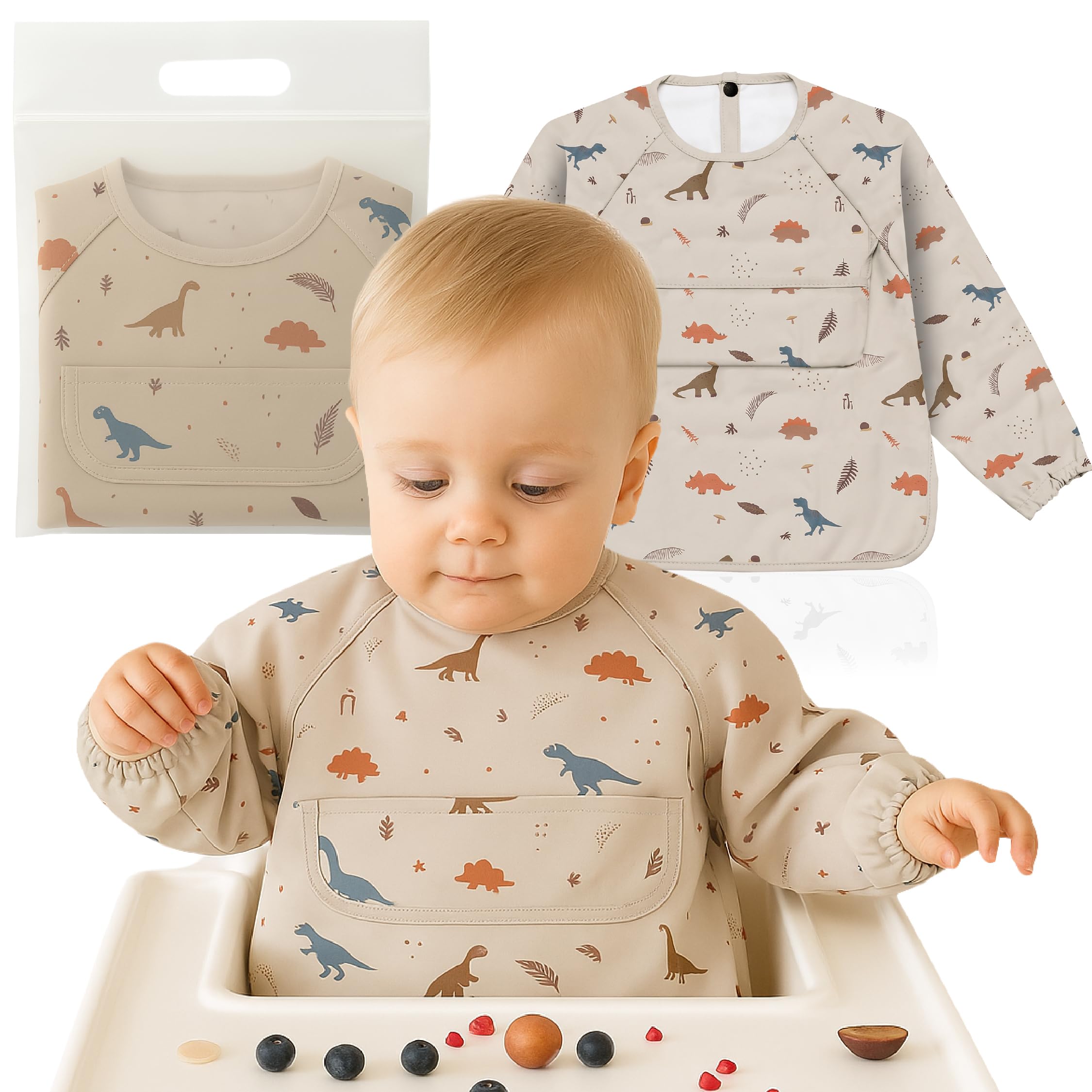 Weakup10 Waterproof Sleeved Bib, Waterproof Baby Bib, Bib, 6 to 36 Months, Baby Bib with Sleeves, BLW Sleeve Bib, Waterproof Baby Bib, Easy to Clean, Dinosaurs, One Size