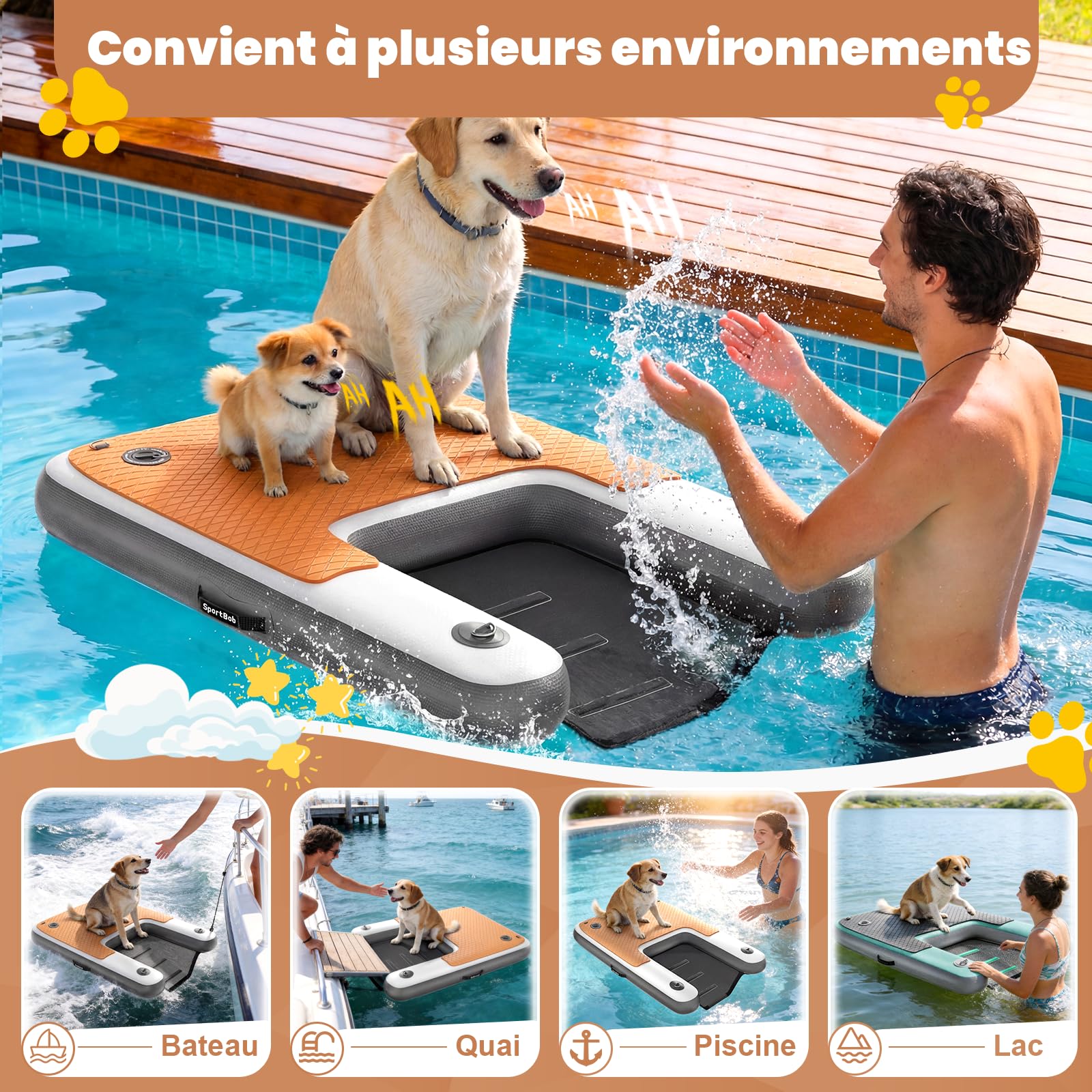Rampe d'accès à l'eau Gonflable pour Chien 120 x 100cm, Résistante à la Déchirure et Durable, Rampe Gonflable pour Chiens Jusqu'à 100kg, Idéale pour la Piscine, Les Pontons et Les Lacs