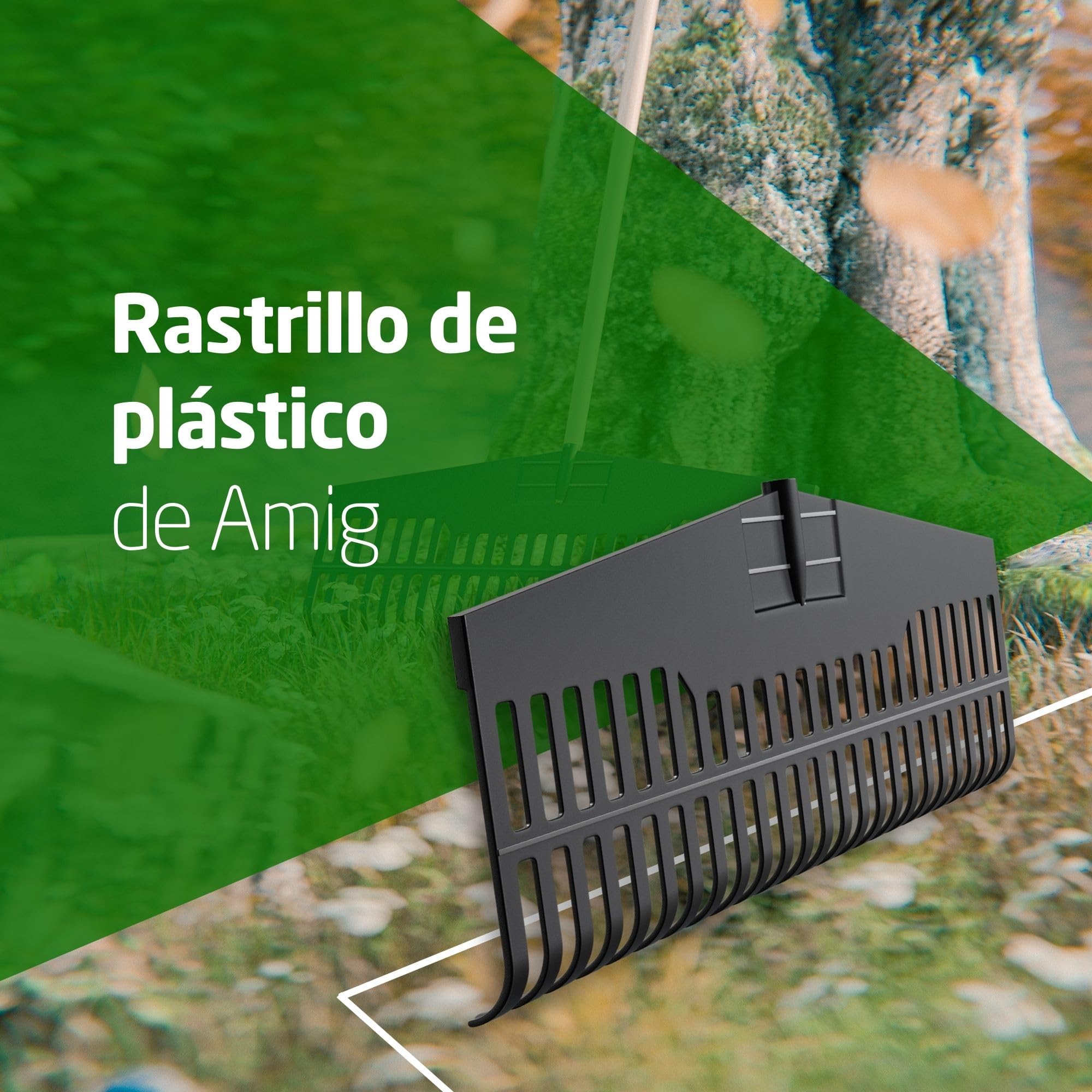 Amig - Rastrillo de Plástico Resistente - Herramienta Ligera para Barrer Hojas y Césped - Recogedor para Jardín y Campo - Púas Flexibles - para Mango Universal de 22mm
