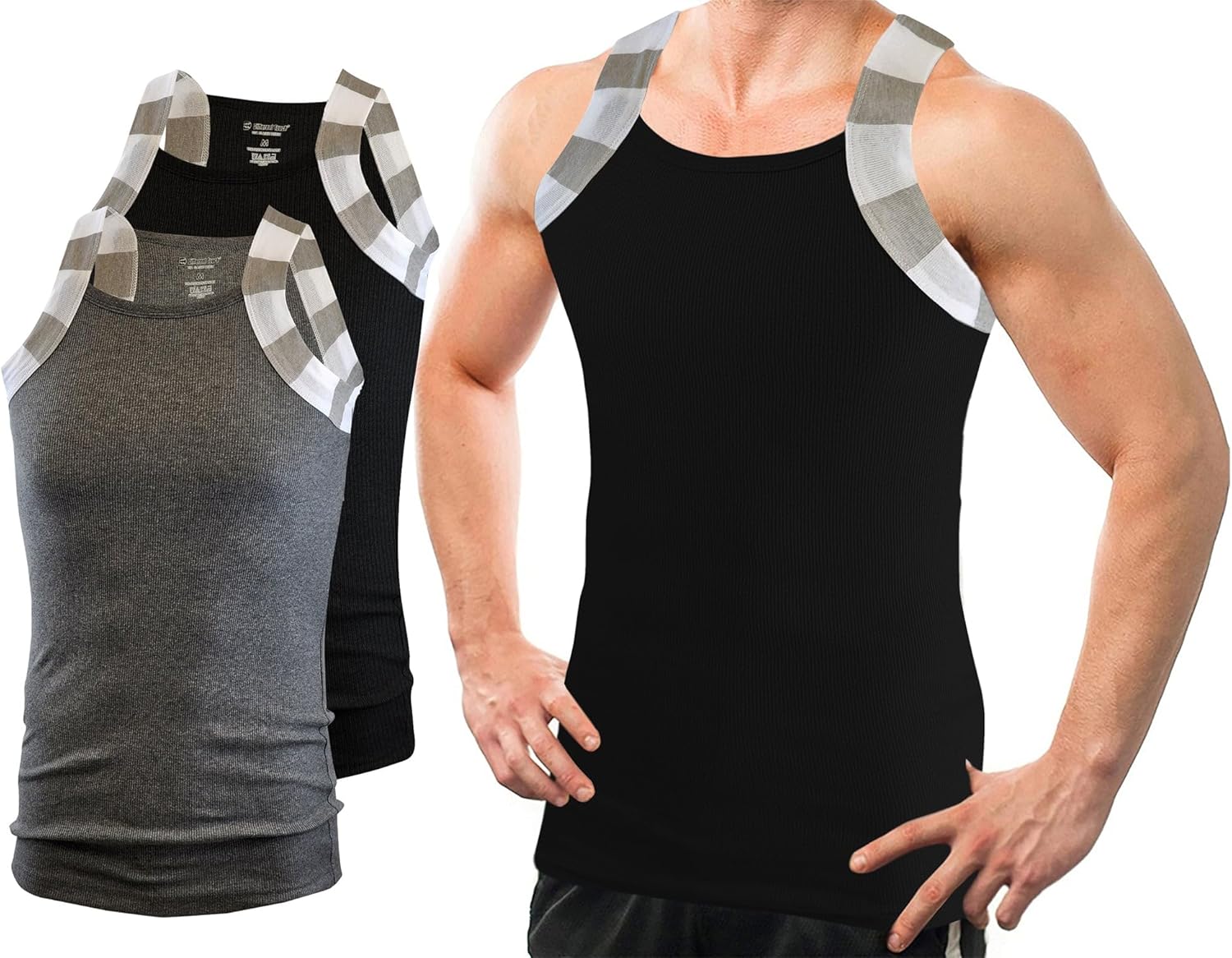 Different Touch 2 Pack Men Square Cut Two Tone Trim Tank Top