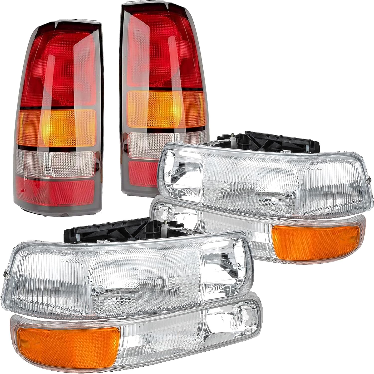 Chrome Headlights Tail Light Assembly Fit For 1999 2000 2001 2002 Chevy Silverado 1500 2500 Head Lights Rear Brake Lamp Driver and Passenger Sides GM2503187 GM2502187