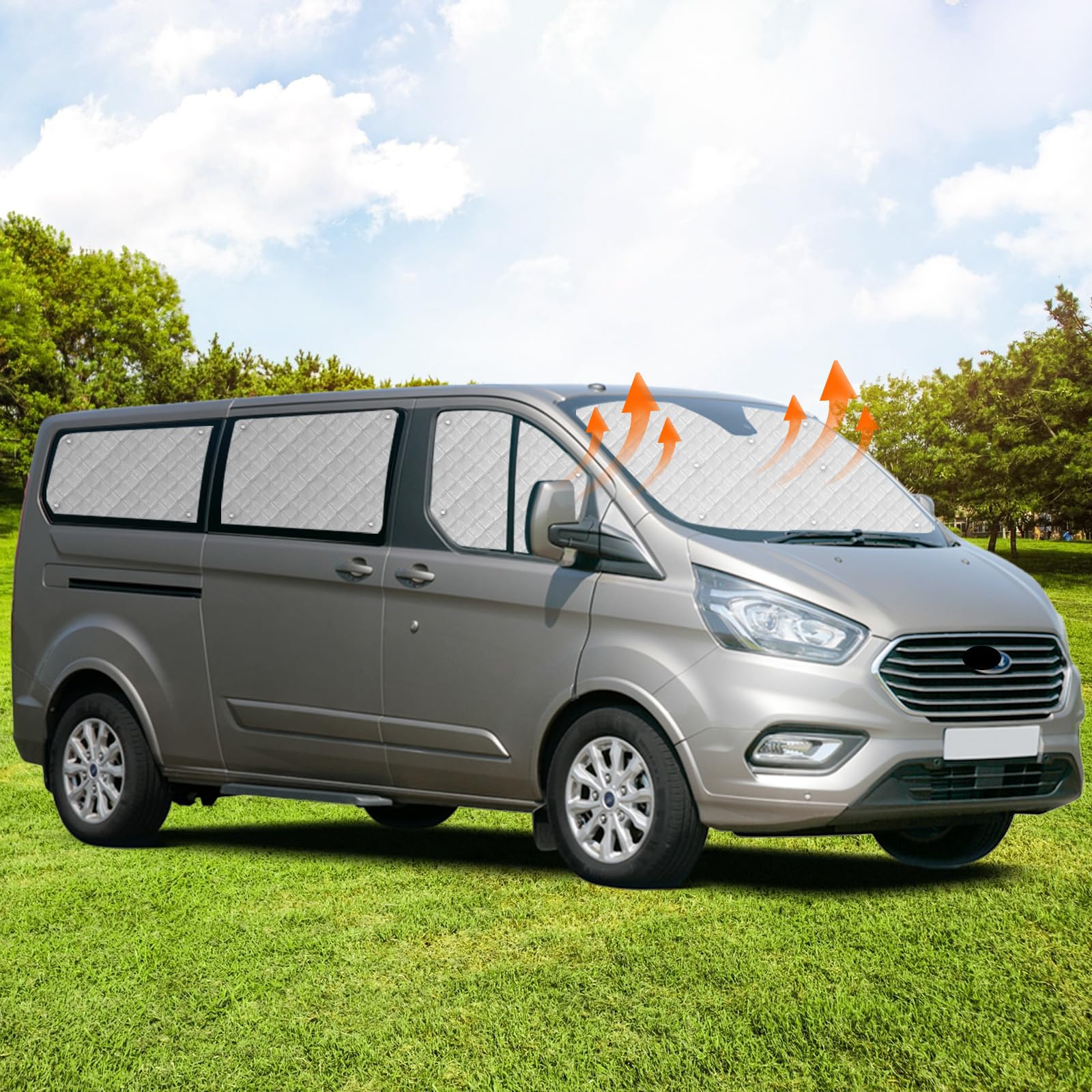 Sonnenschutz Auto Frontscheibe Ersatz für Ford Transit Custom LWB 2012-2022 | 8PCS Thermomatte Verdunkelung Windschutzscheiben Schutz Set, Internes Thermisches Jalousie Fenster Set Aufbewahrungsbeutel