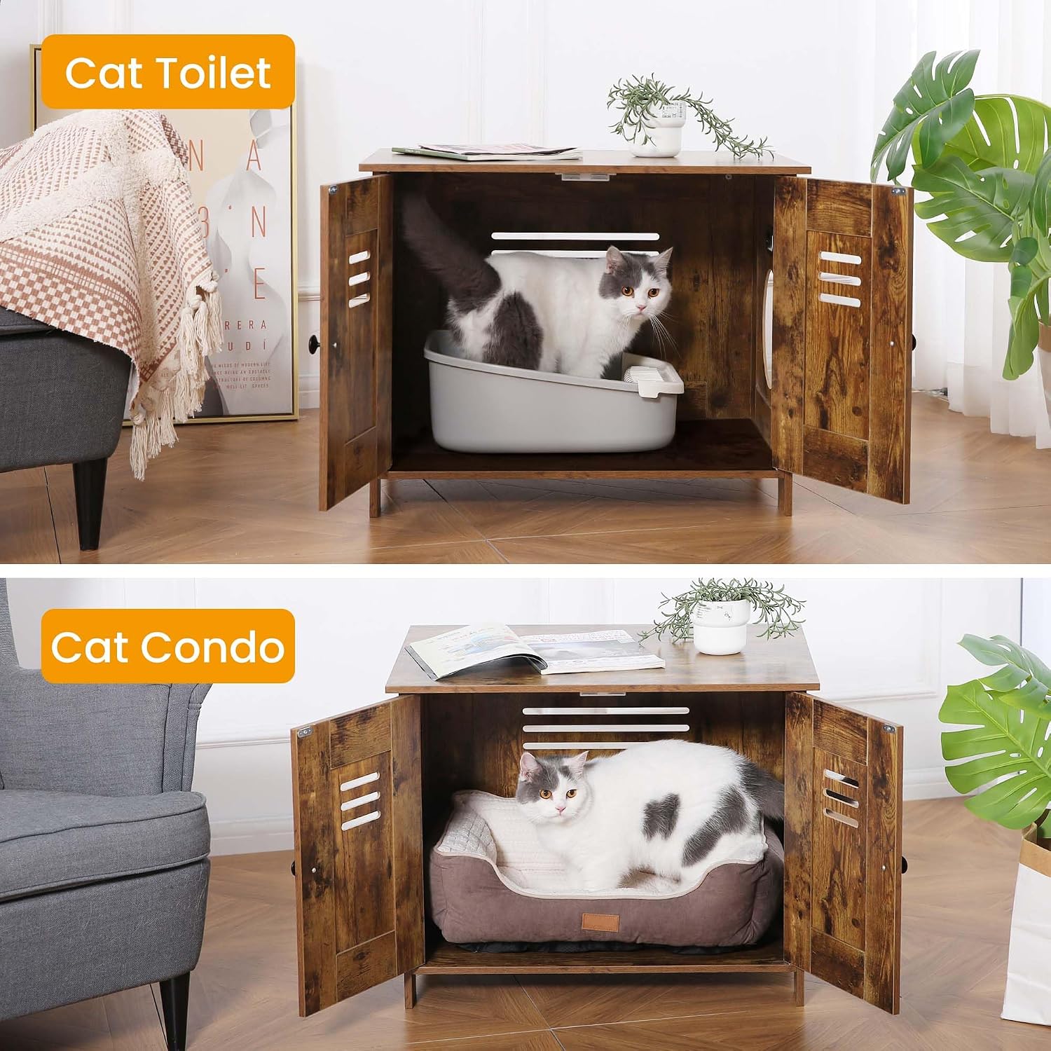 Petfamily Cat Litter Box Enclosure - Hidden Indoor Cat House with Removable Partition, Fits Most Litter Boxes (Brown)
