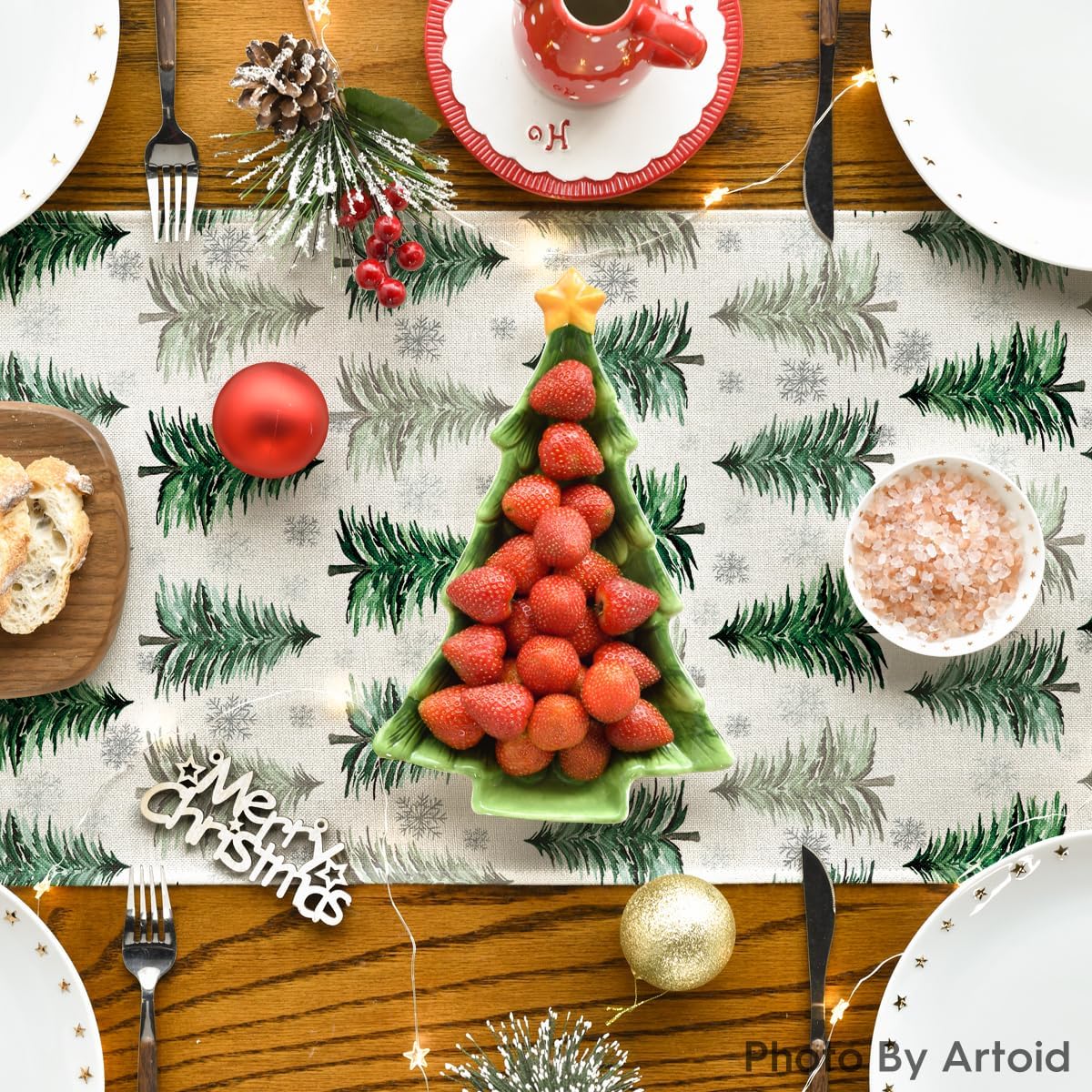 Artoid Mode Xmas Trees Snowflake Christmas Table Runner, Seasonal Winter Green Kitchen Dining Table Decoration for Home Party Decor 13x90 Inch