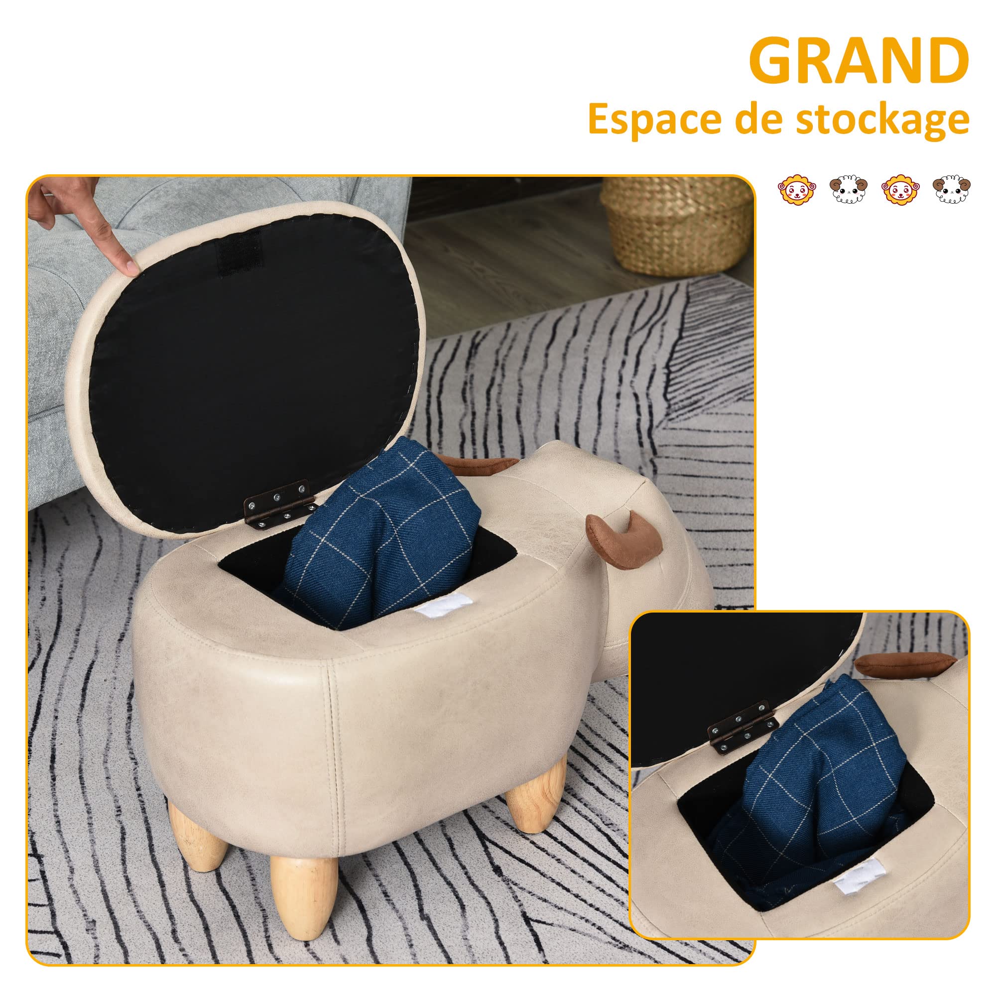 HOMCOM - Taburete de vaca - Puf Vachette - Puf Tauro Baúl de almacenamiento 2 en 1 - Patas de madera de caucho, revestimiento sintético, aspecto crema