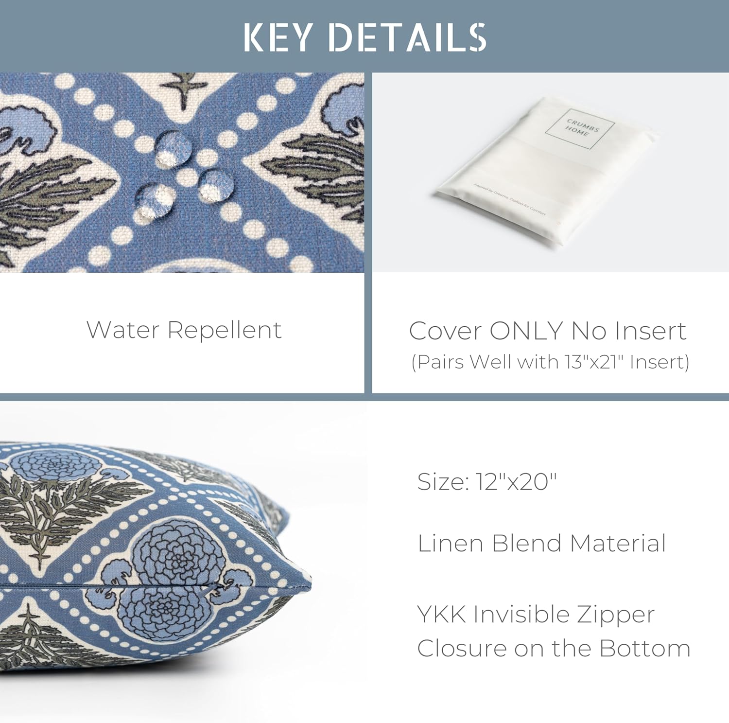 Crumbs Home California Casual Coastal Indoor Outdoor Lumbar Pillow Cover, 12"x20" Water Repellent for Patio, Backyard, Couch, Azure Light Blue Block Print Vintage Hydrangea Flowers
