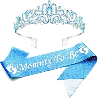 Mom to Be Baby Shower Decorations, Mom to Be Baby Shower Mommy to Be Sash and Tiara Set Mommy to Be Crown and Sash for Pregnant Mommy (Blue)