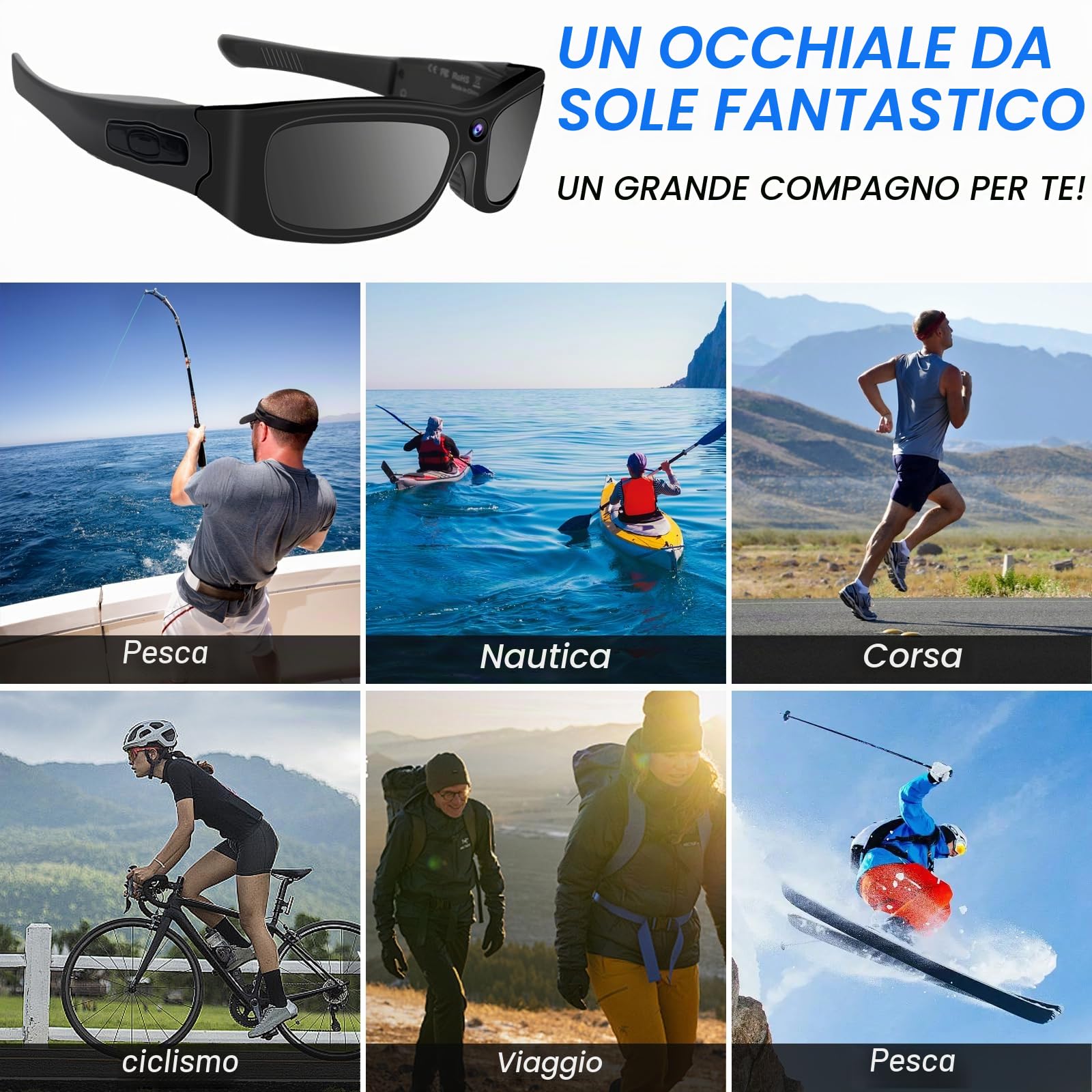 Occhiali Fotocamera, Action Camera con Bluetooth HD 1080P Occhiali da Sole Fotocamera,Mini Sport Occhiali Videocamera per Moto/Bici Fotocamera D'azione per Prendere Foto e Video