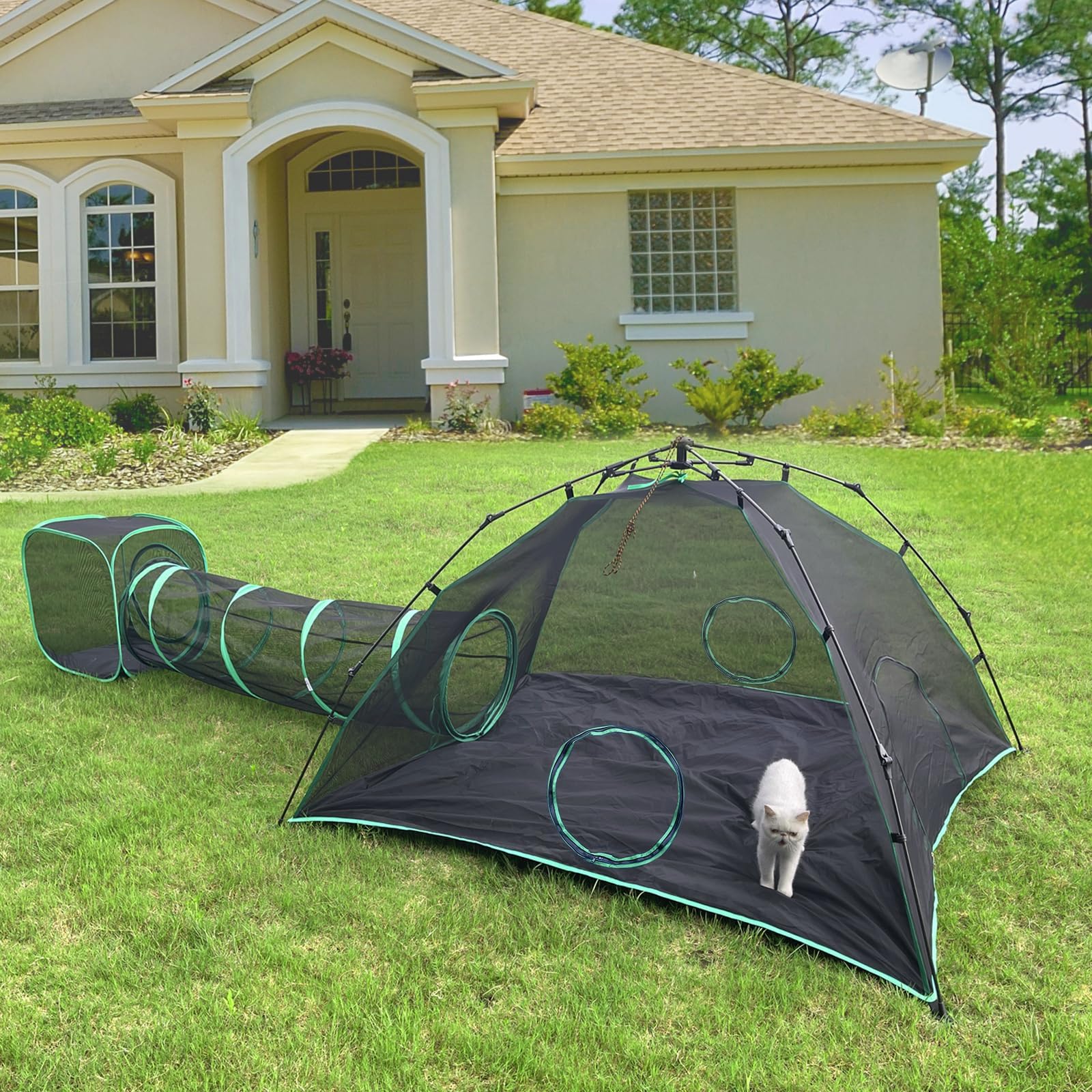 3-in-1 Outdoor Cat Enclosures, Portable Catio Green Cat Tents for Outside, Cat Tents with 1 Dome Tent,1 Straight Tunnel and 1 Cube, Outdoor Cat Playpen for Cats, Rabbits and Other Animals