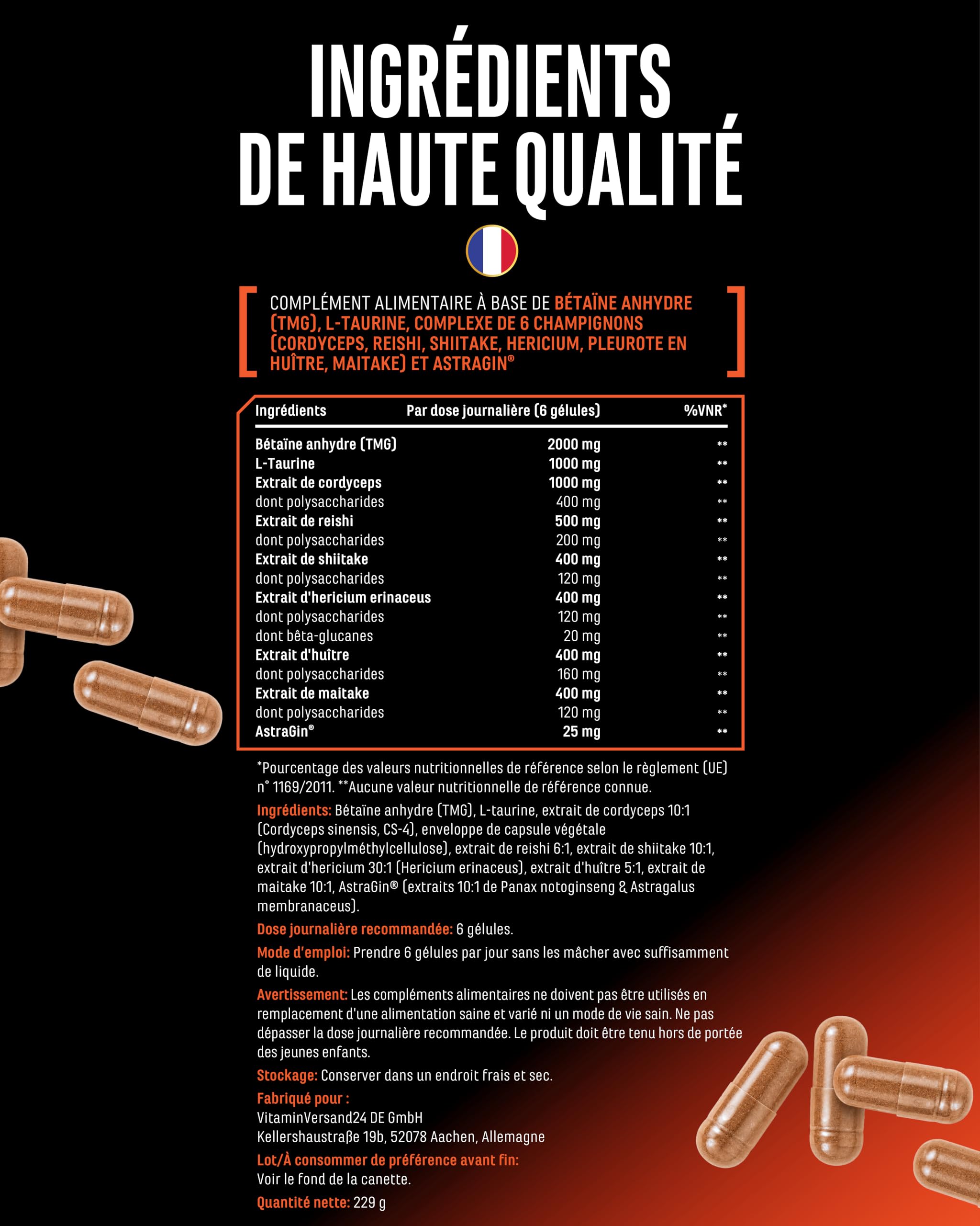 Peak Oxygen - 180 Gélules Vegan - 6125 mg par Dose/Jour - Complexe de 6 Champignons avec Cordyceps, Reishi, Shiitake, Hericium, Maitake et Pleurote - TMG, Taurine et Matière 1ère de Marque : AstraGin®