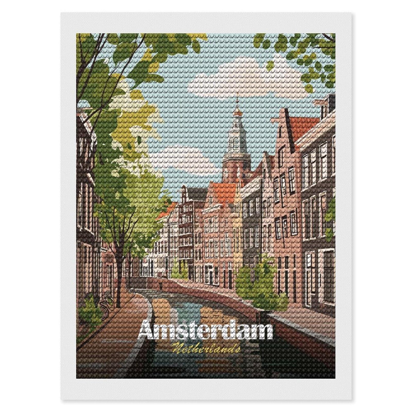 Junmoney Amsterdam Netherlands Canal Cityscape Illustration DIY Diamond Art Canvas Kit 12"x16", Simple to Start, Fun Craft Experience, Modern Decor, Gift Idea, Adhesive Canvas