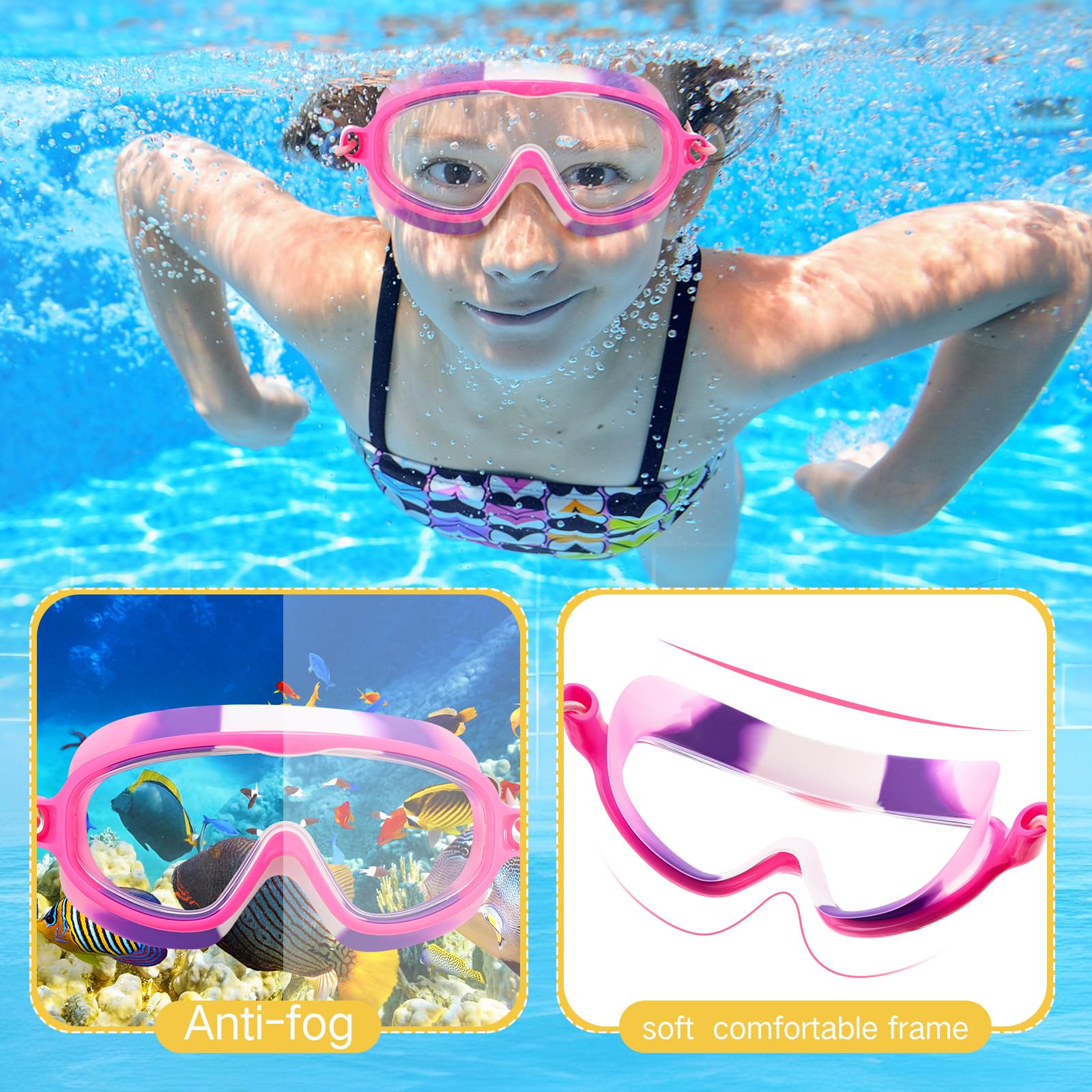 Hollowfly Lot de 4 lunettes de natation anti-buée pour enfants à réglage rapide, sans fuite, étanche, avec pince-nez, bouchons d'oreille