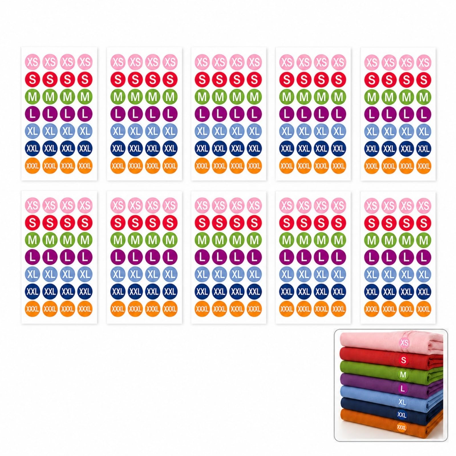 Mistillion 350PCS 1 Inch Round Clothing Size Stickers, 7 Colour Coded Self Adhesive Removable Size Labels for Retail, T-Shirts, Trousers & Apparel Organisation (XS, S, M, L, XL, XXL, XXXL)
