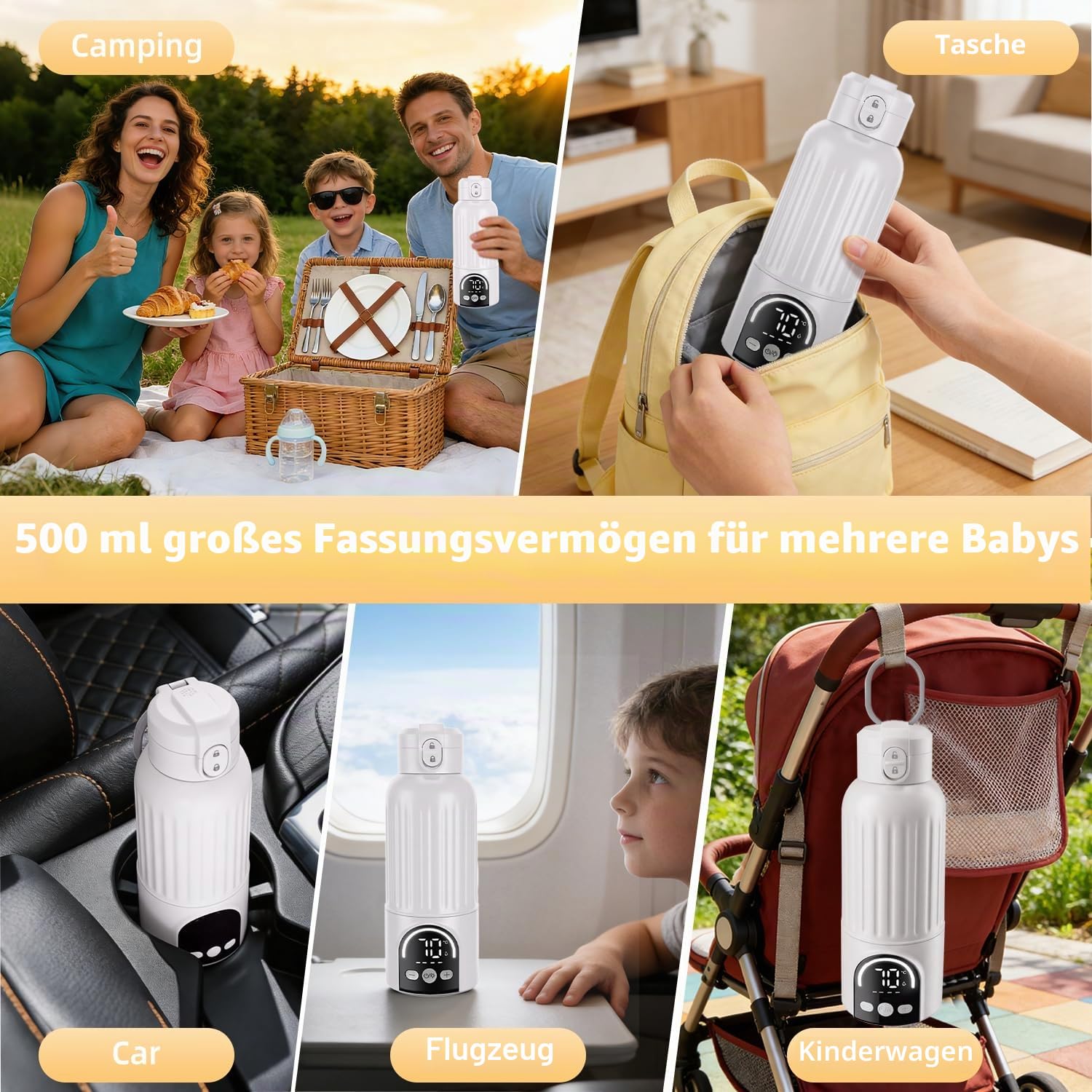 Tragbarer Babyflaschenwärmer für Unterwegs, 500ml Muttermilchwärmer, 12000mAh Akku, 120W Schnellheizung, Temperaturregelung, 2 Heizmodi, mit Reinigungsbürste