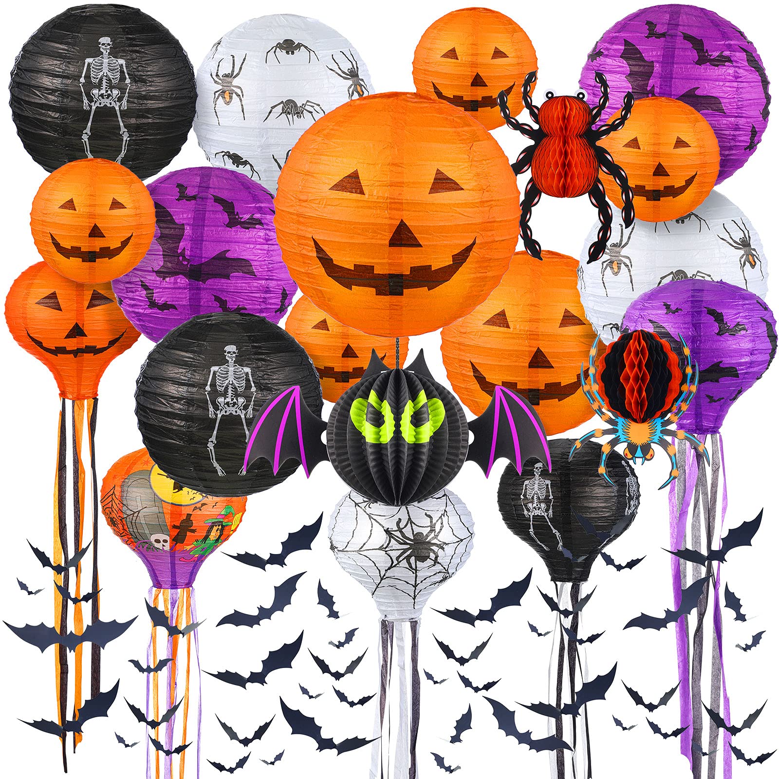 48 Pieces Halloween Decorations Paper Lanterns Pumpkin Skeleton Paper Lanterns 3D Bat Wall Stickers Spider Wall Hanging for Halloween Party Garden Bedroom Cobwebs Indoor Outdoor, 12 Inch and 8 Inch