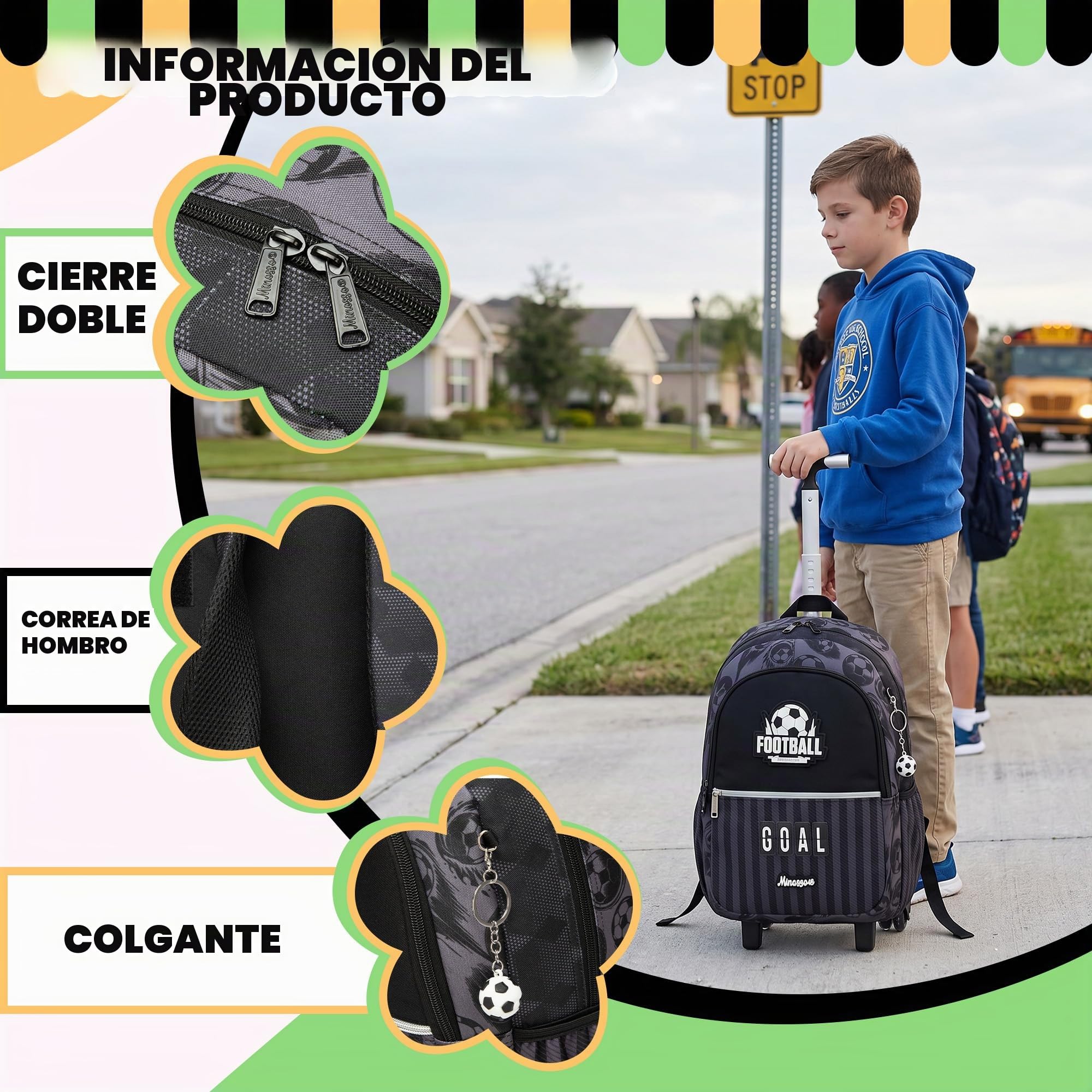 HTgroce Mochila Escolar Niños con Ruedas Fútbol– Trolley Primaria Ergonómico – Ideal para Vuelta al Cole y Regalo de Cumpleaños